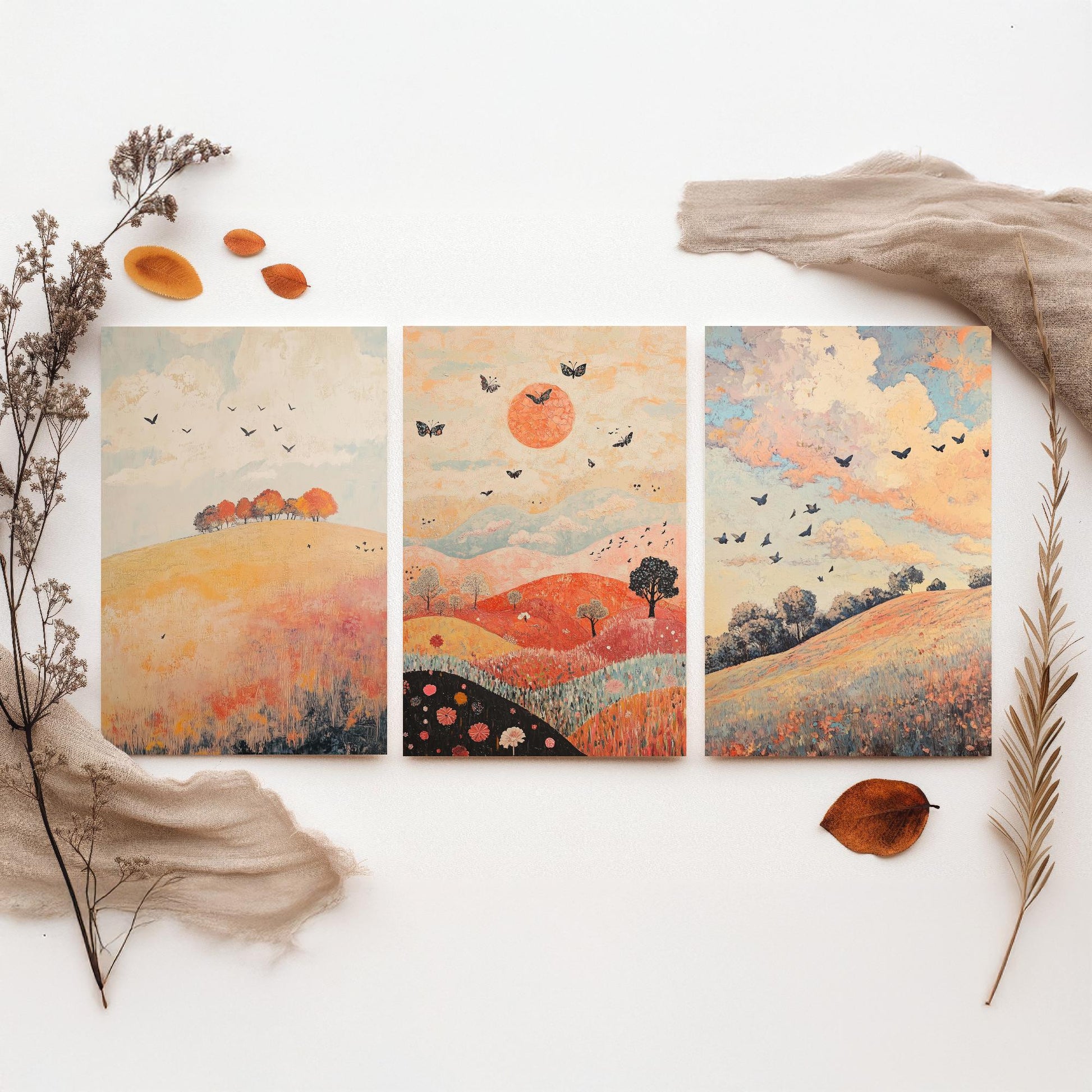 Rolling Hills Butterfly Set of Three Art Prints - Pewter Coral and Smoke - Folk Meadow Poster Illustration Gift