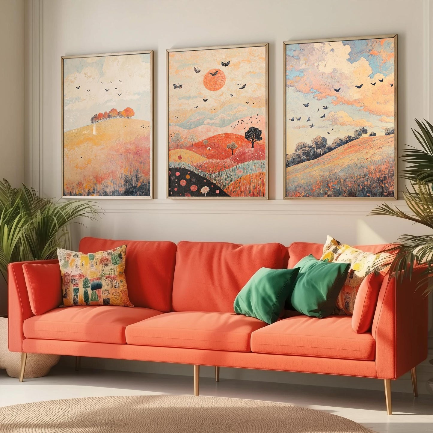 Rolling Hills Butterfly Set of Three Art Prints - Pewter Coral and Smoke - Folk Meadow Poster Illustration Gift