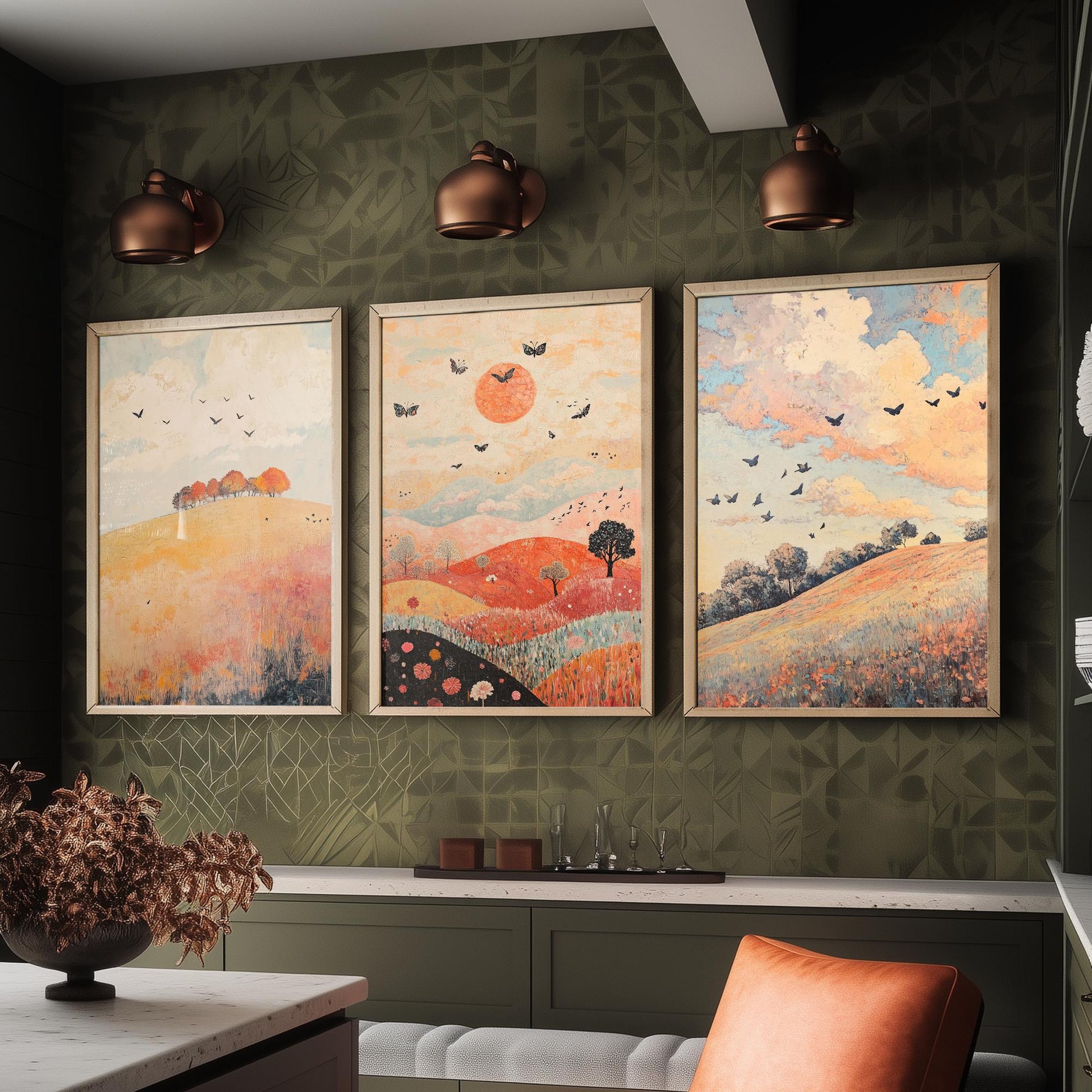 Rolling Hills Butterfly Set of Three Art Prints - Pewter Coral and Smoke - Folk Meadow Poster Illustration Gift