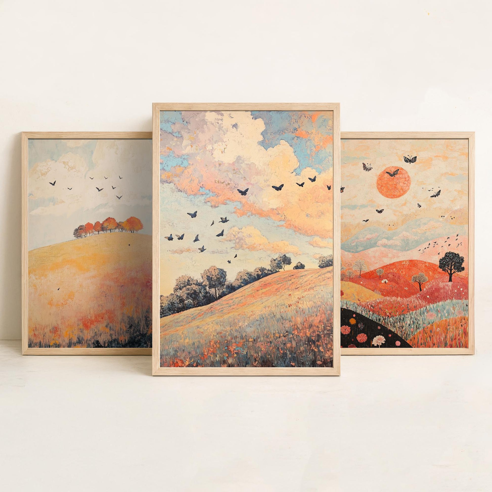 Rolling Hills Butterfly Set of Three Art Prints - Pewter Coral and Smoke - Folk Meadow Poster Illustration Gift