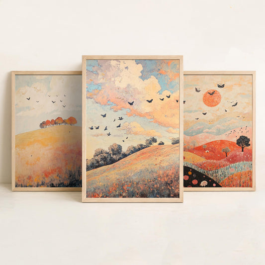Rolling Hills Butterfly Set of Three Art Prints - Pewter Coral and Smoke - Folk Meadow Poster Illustration Gift