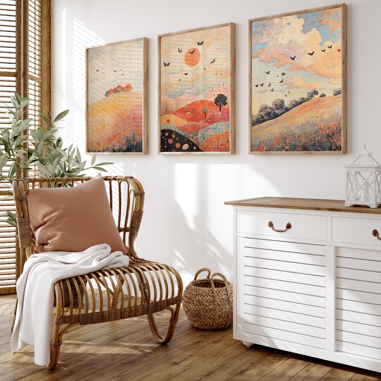 Rolling Hills Butterfly Set of Three Art Prints - Pewter Coral and Smoke - Folk Meadow Poster Illustration Gift
