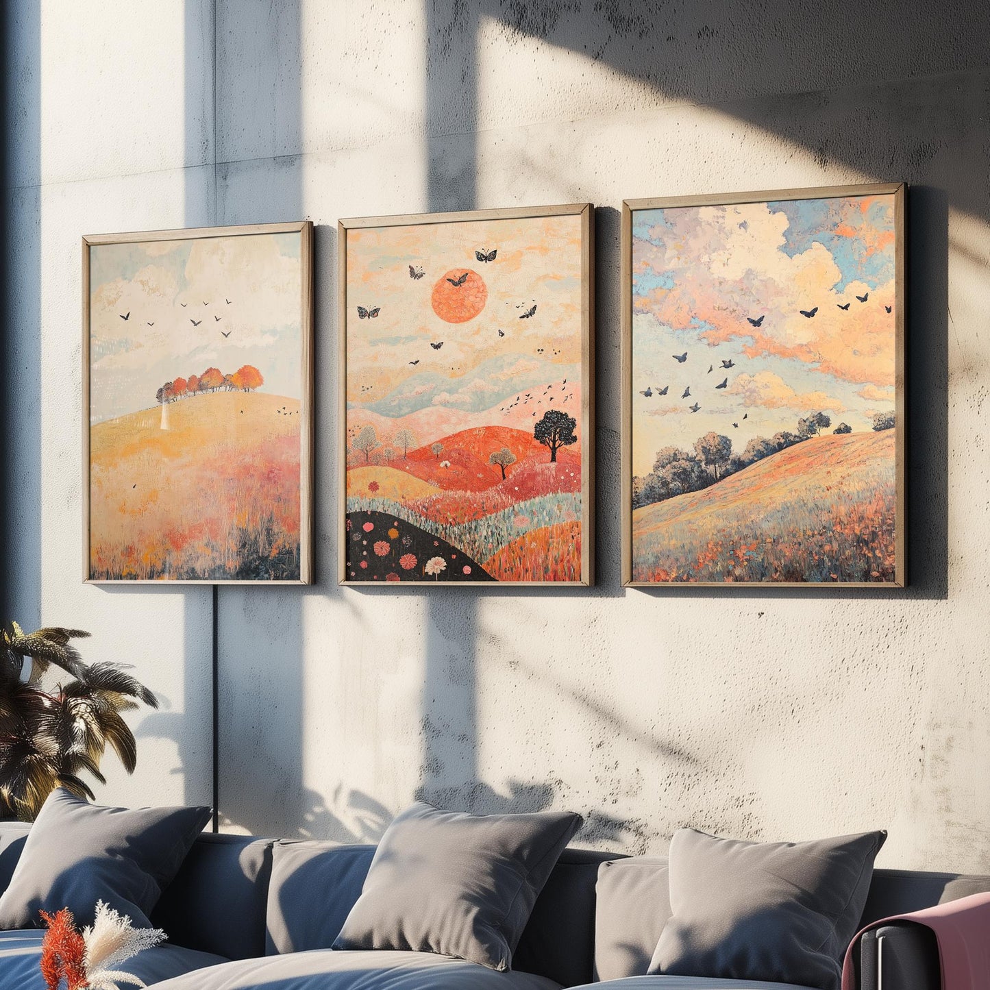 Rolling Hills Butterfly Set of Three Art Prints - Pewter Coral and Smoke - Folk Meadow Poster Illustration Gift