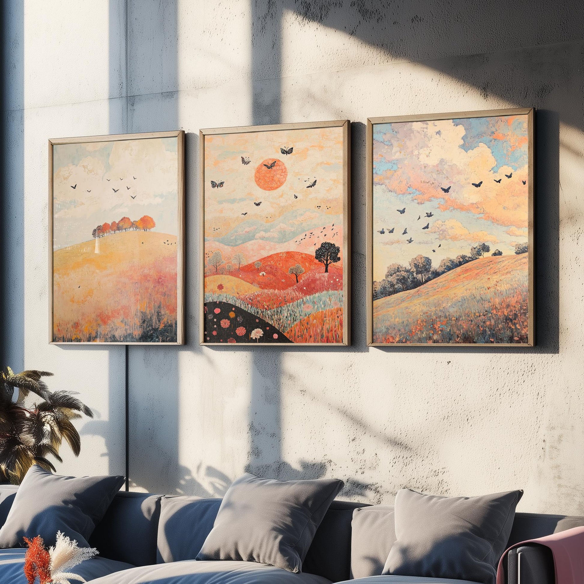 Rolling Hills Butterfly Set of Three Art Prints - Pewter Coral and Smoke - Folk Meadow Poster Illustration Gift