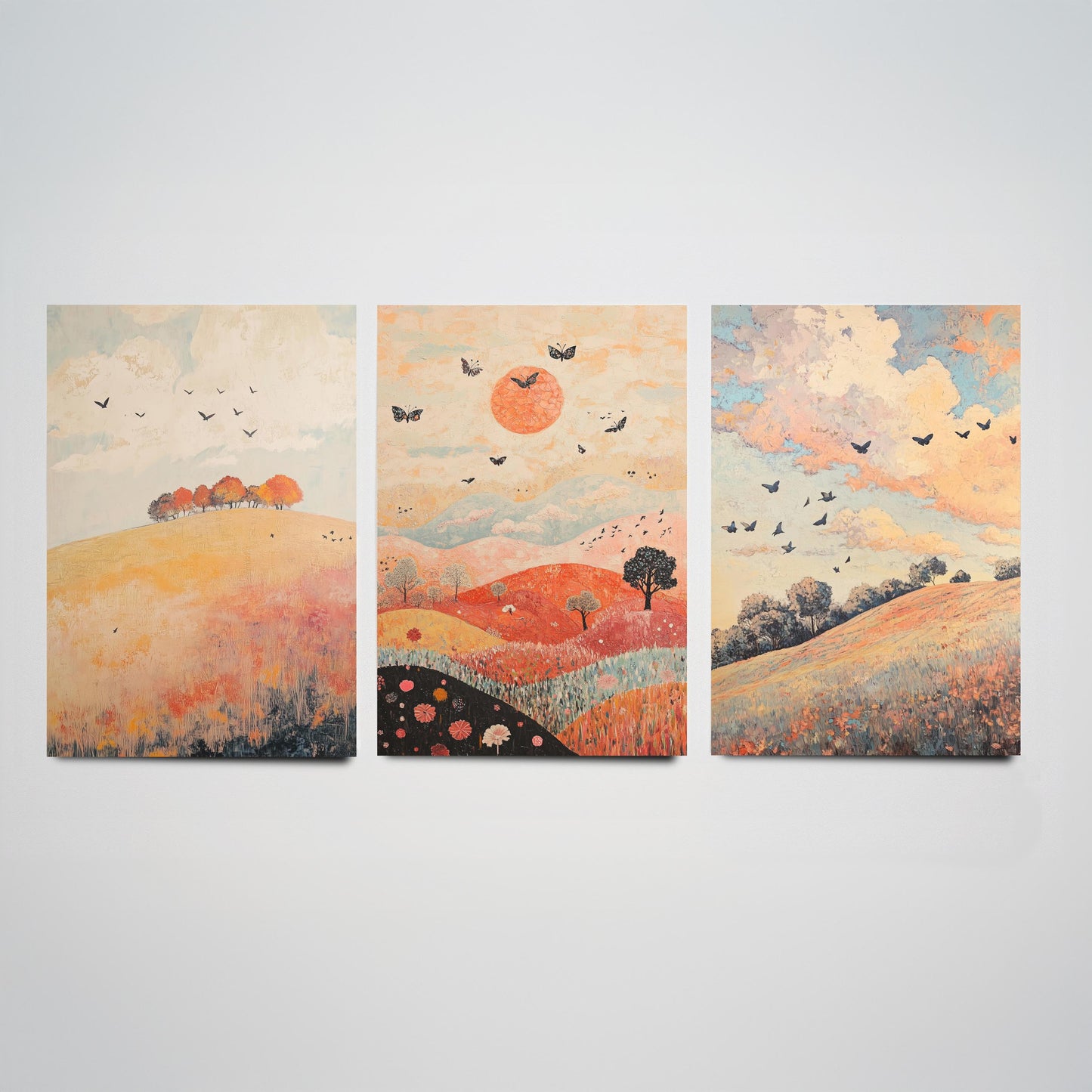 Rolling Hills Butterfly Set of Three Art Prints - Pewter Coral and Smoke - Folk Meadow Poster Illustration Gift