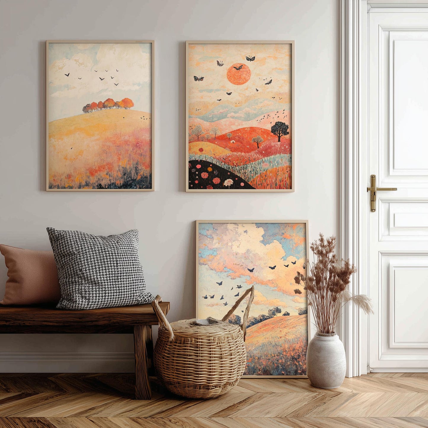 Rolling Hills Butterfly Set of Three Art Prints - Pewter Coral and Smoke - Folk Meadow Poster Illustration Gift