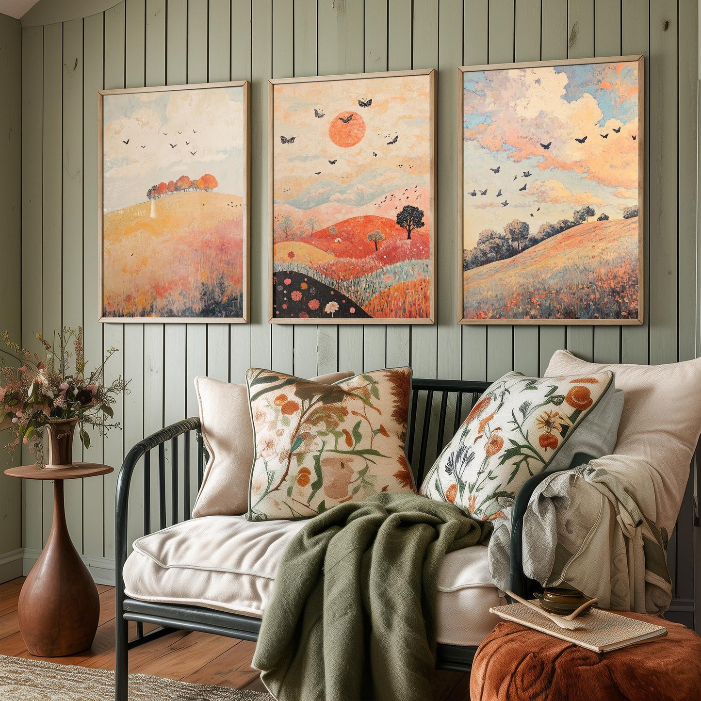 Rolling Hills Butterfly Set of Three Art Prints - Pewter Coral and Smoke - Folk Meadow Poster Illustration Gift
