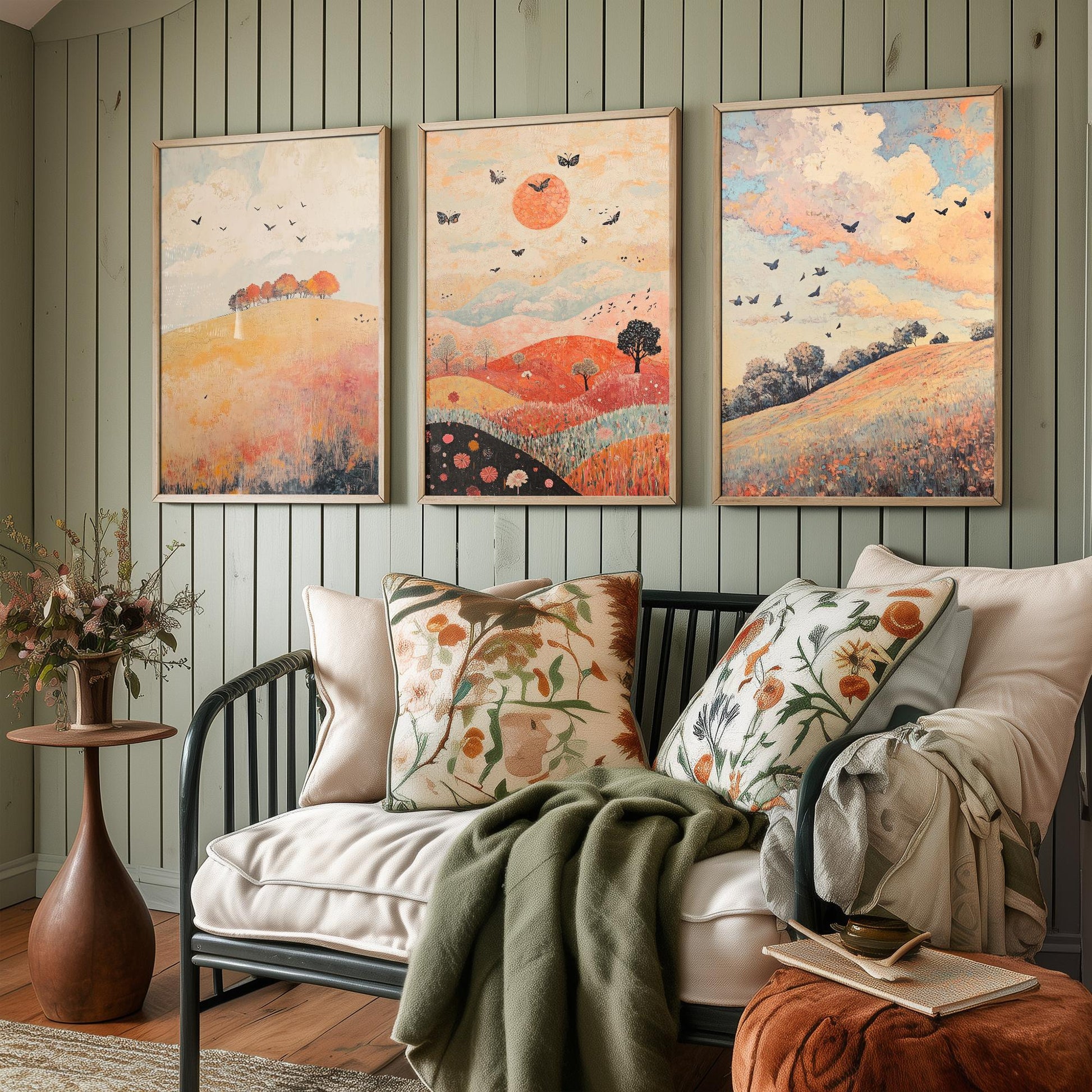 Rolling Hills Butterfly Set of Three Art Prints - Pewter Coral and Smoke - Folk Meadow Poster Illustration Gift
