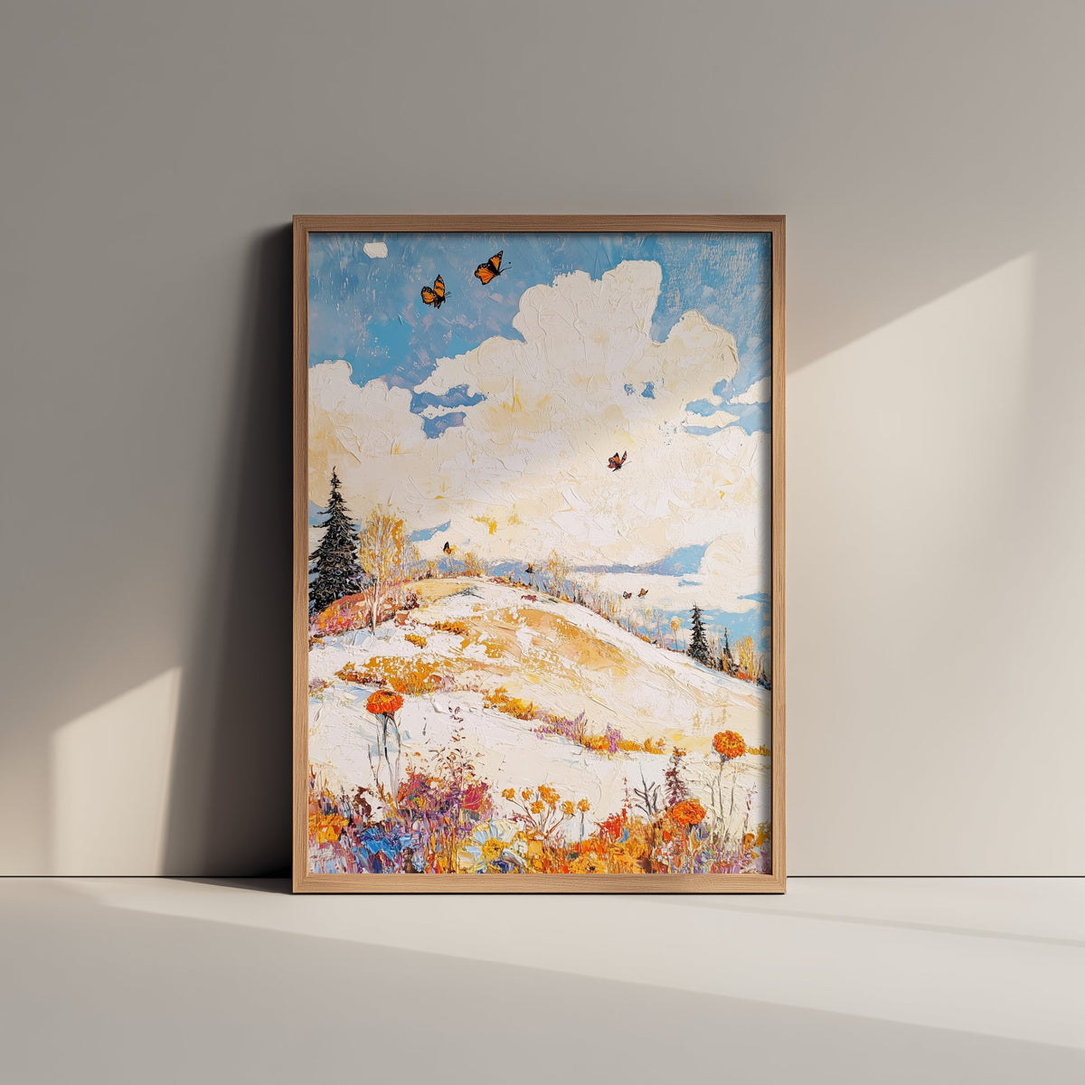 Rolling Hills Landscape Art Print - Butterfly Meadow Poster - Folk Art Painting - Pinecone Citrine and Snow 1/3