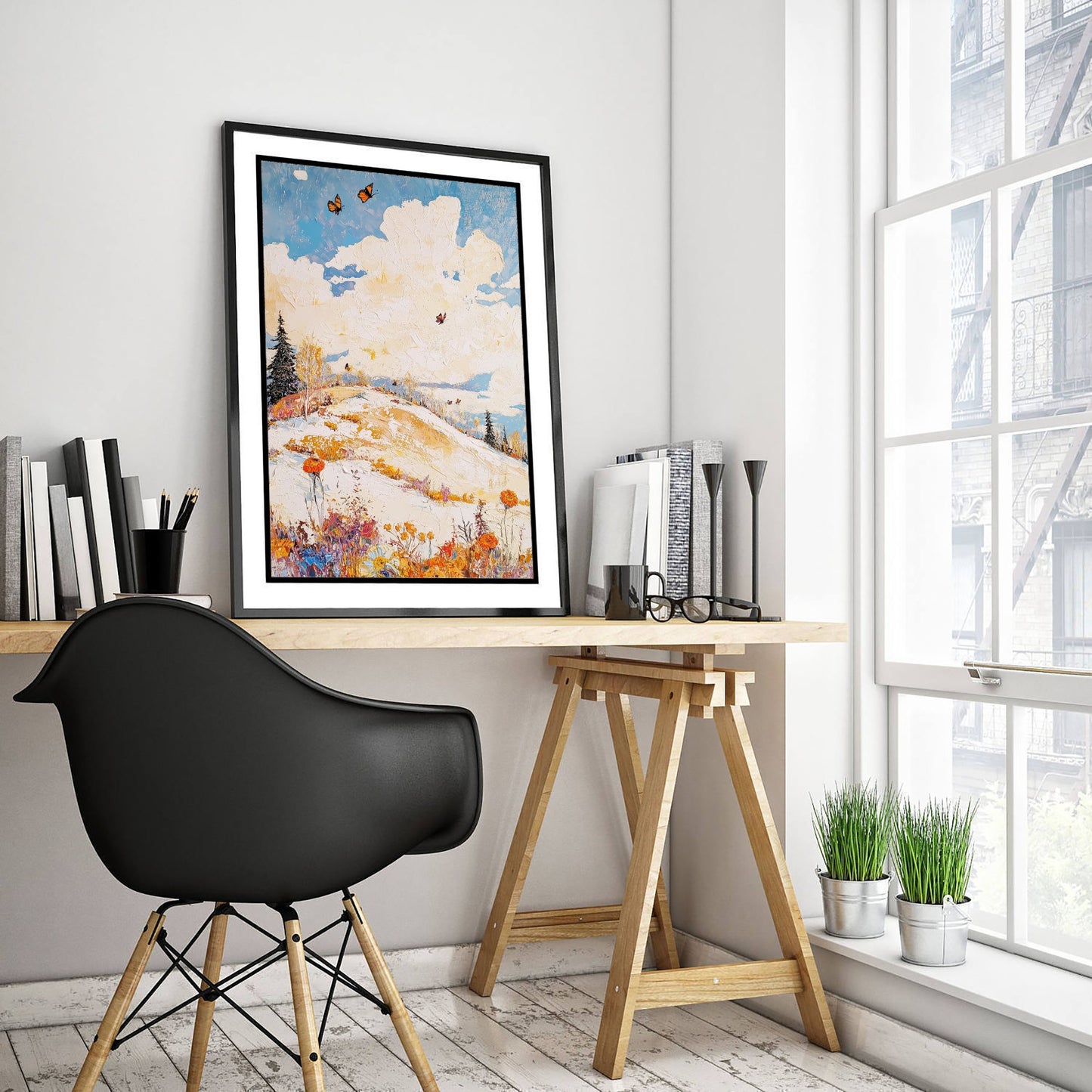 Rolling Hills Landscape Art Print - Butterfly Meadow Poster - Folk Art Painting - Pinecone Citrine and Snow 1/3