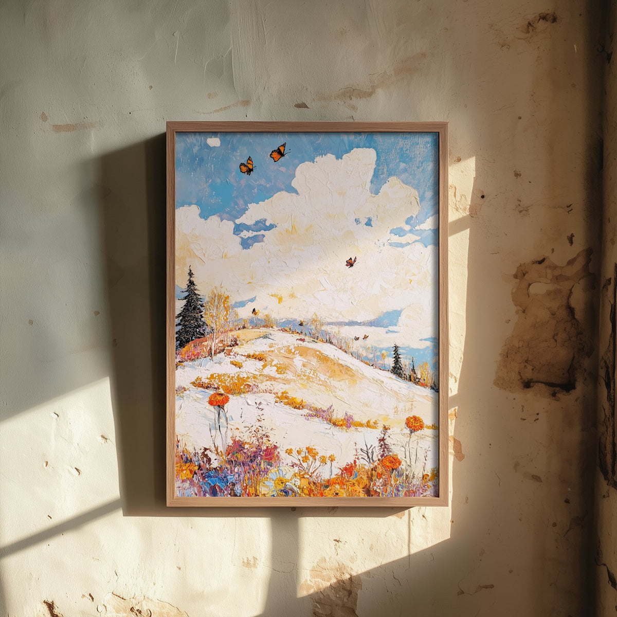 Rolling Hills Landscape Art Print - Butterfly Meadow Poster - Folk Art Painting - Pinecone Citrine and Snow 1/3
