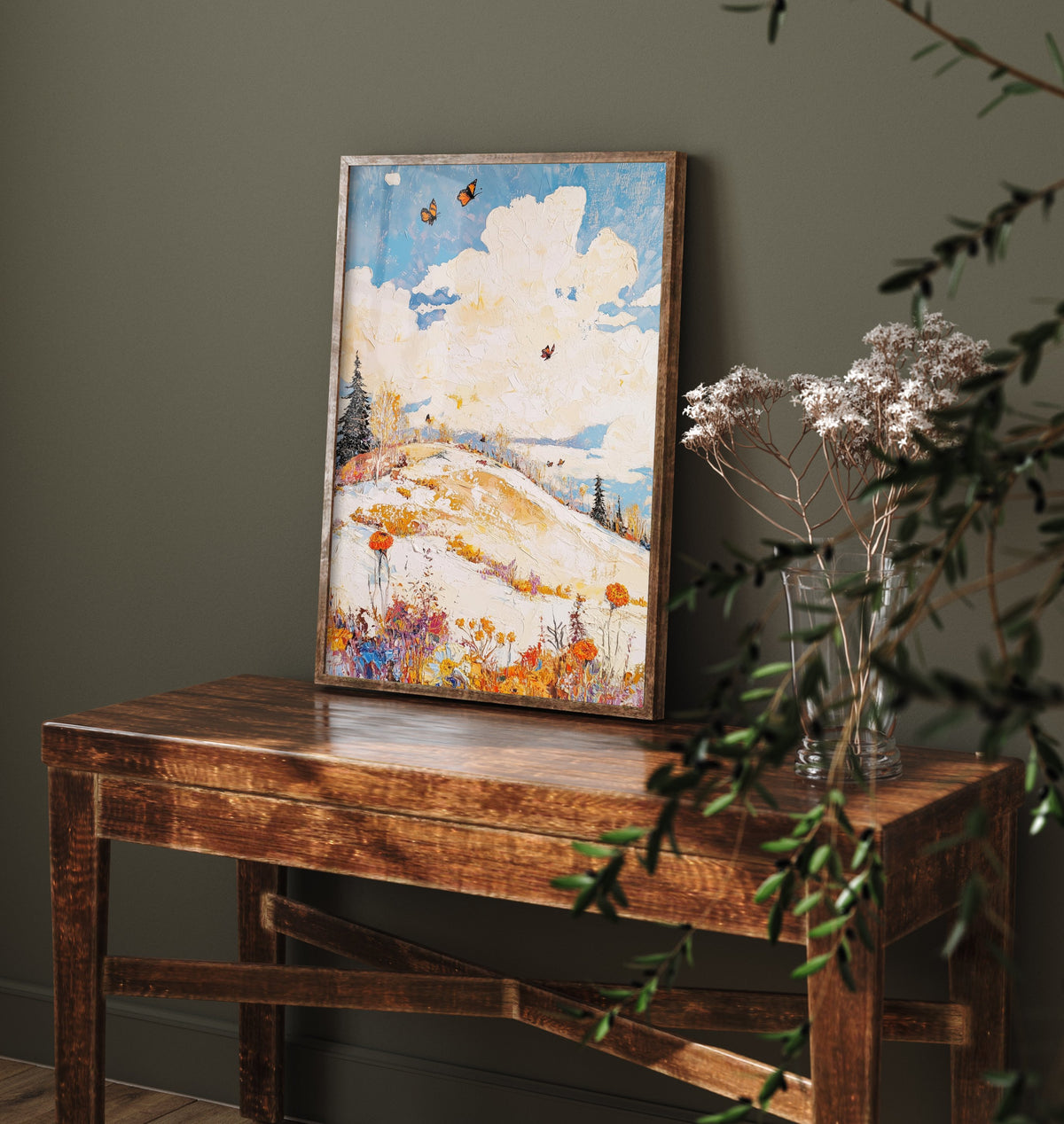 Rolling Hills Landscape Art Print - Butterfly Meadow Poster - Folk Art Painting - Pinecone Citrine and Snow 1/3