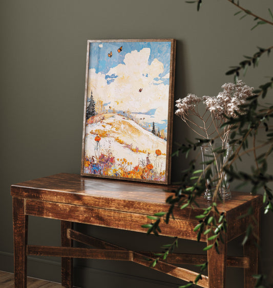 Rolling Hills Landscape Art Print - Butterfly Meadow Poster - Folk Art Painting - Pinecone Citrine and Snow 1/3
