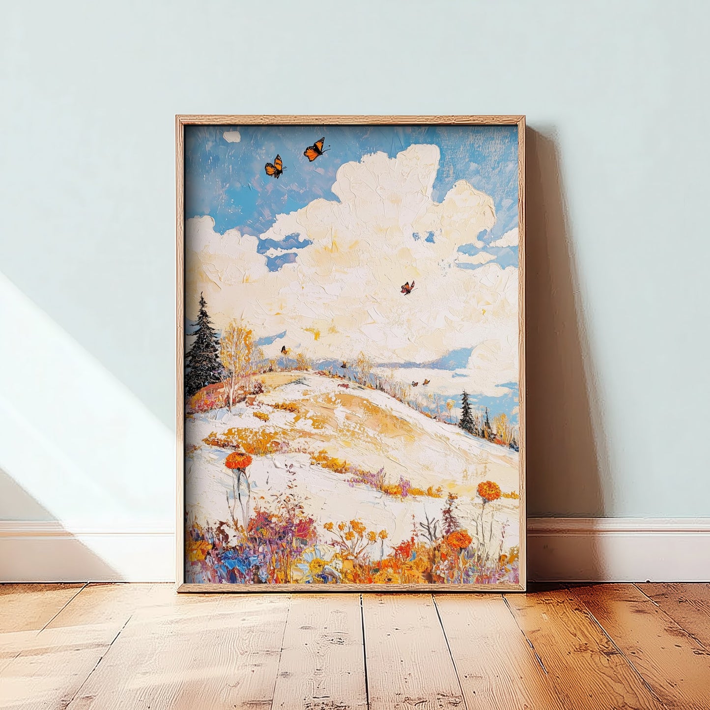 Rolling Hills Landscape Art Print - Butterfly Meadow Poster - Folk Art Painting - Pinecone Citrine and Snow 1/3
