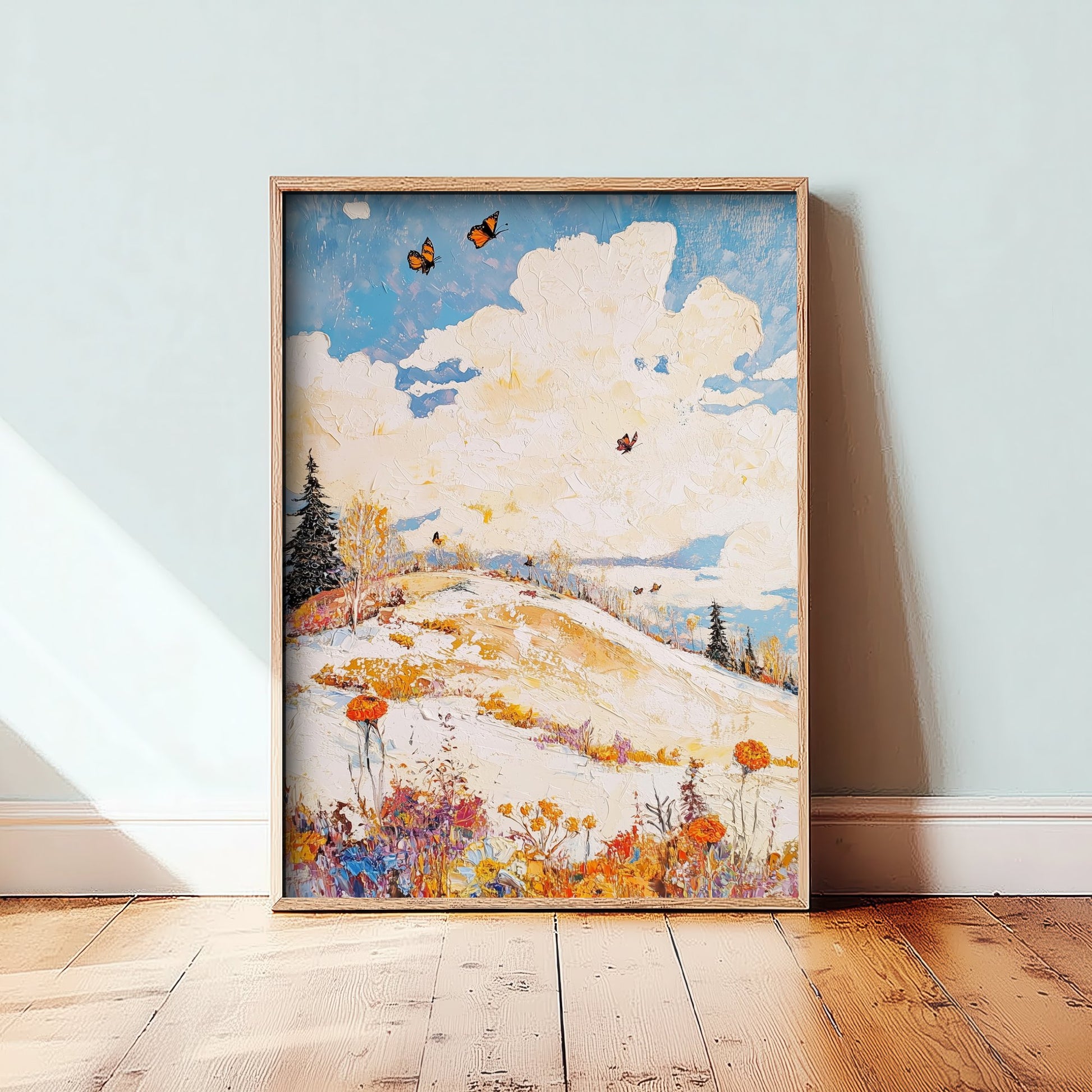Rolling Hills Landscape Art Print - Butterfly Meadow Poster - Folk Art Painting - Pinecone Citrine and Snow 1/3