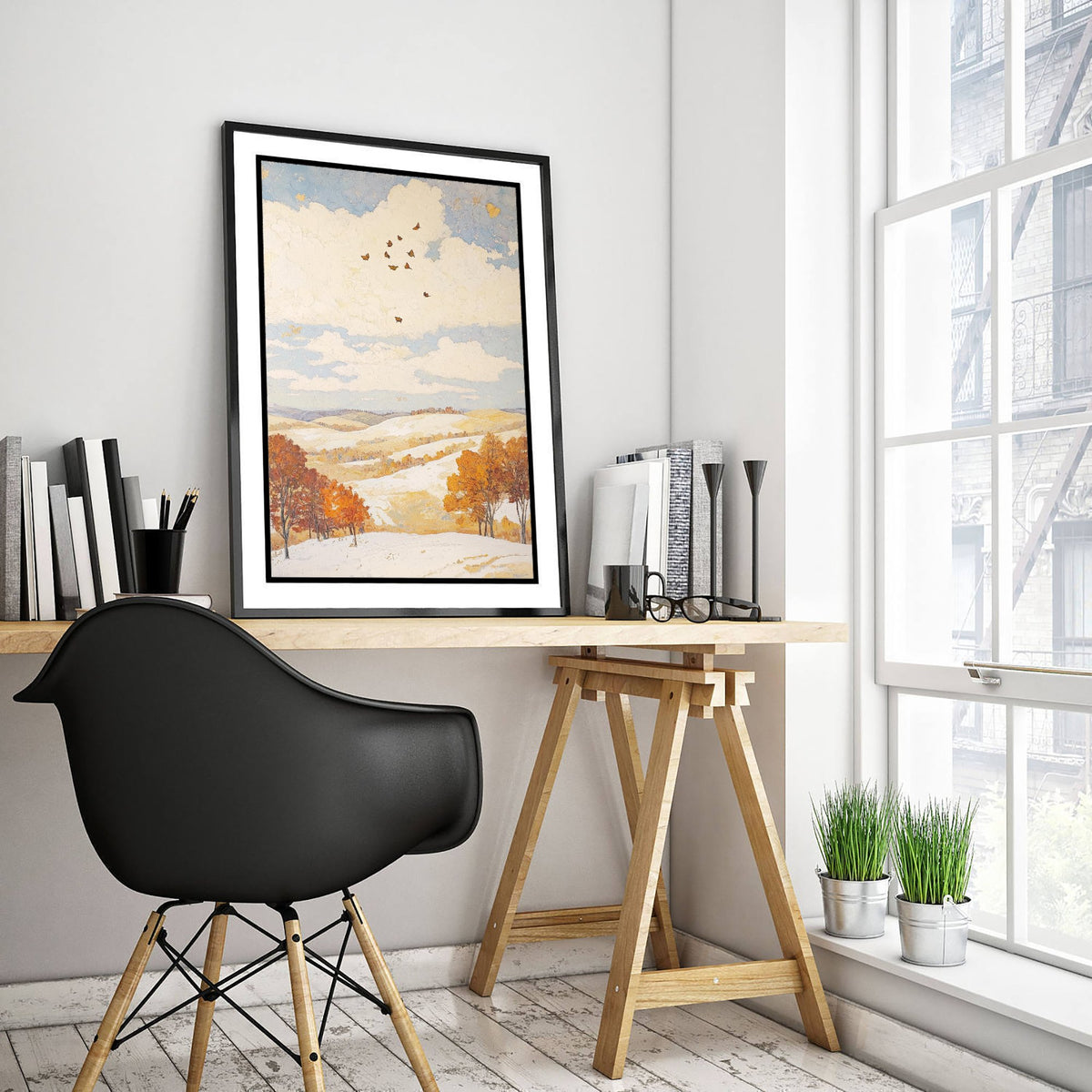 Rolling Hills Landscape Art Print - Butterfly Meadow Poster - Folk Art Painting - Pinecone Citrine and Snow 2/3
