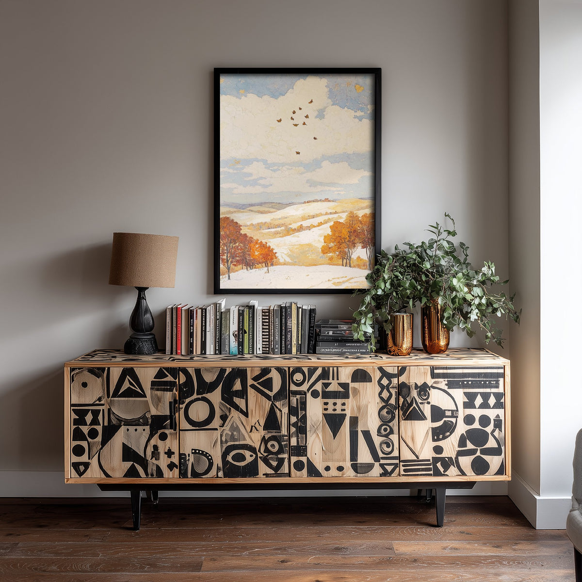 Rolling Hills Landscape Art Print - Butterfly Meadow Poster - Folk Art Painting - Pinecone Citrine and Snow 2/3