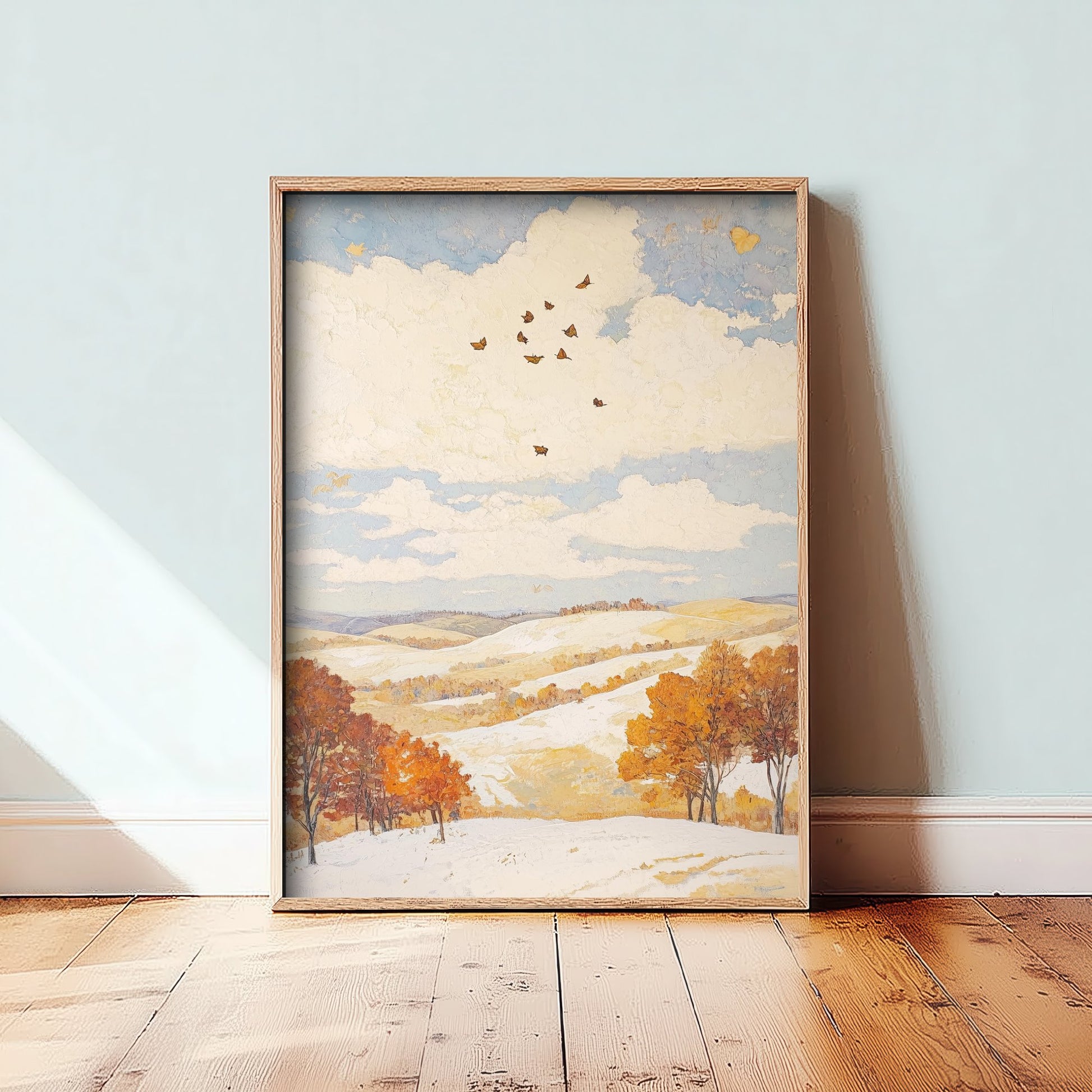 Rolling Hills Landscape Art Print - Butterfly Meadow Poster - Folk Art Painting - Pinecone Citrine and Snow 2/3