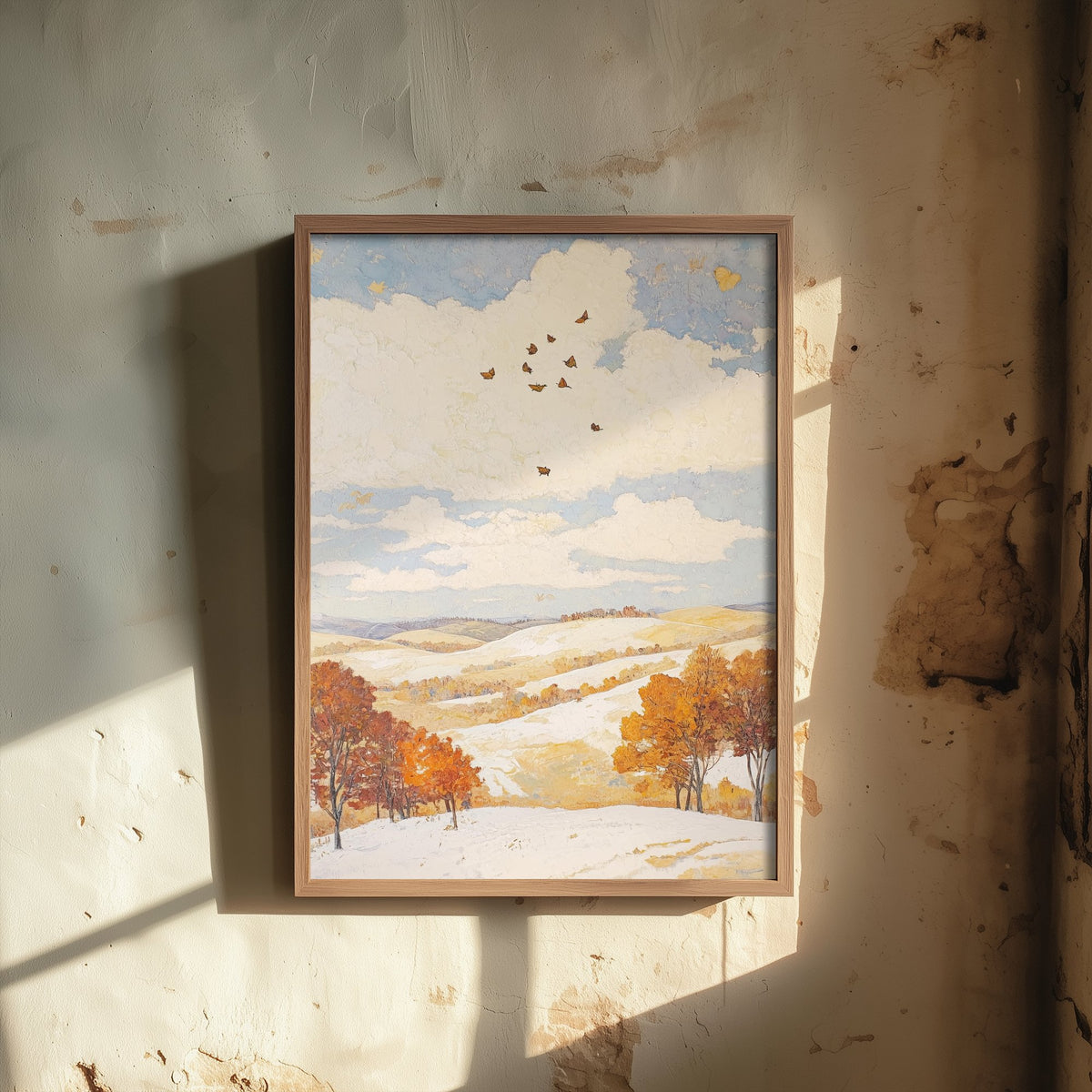 Rolling Hills Landscape Art Print - Butterfly Meadow Poster - Folk Art Painting - Pinecone Citrine and Snow 2/3