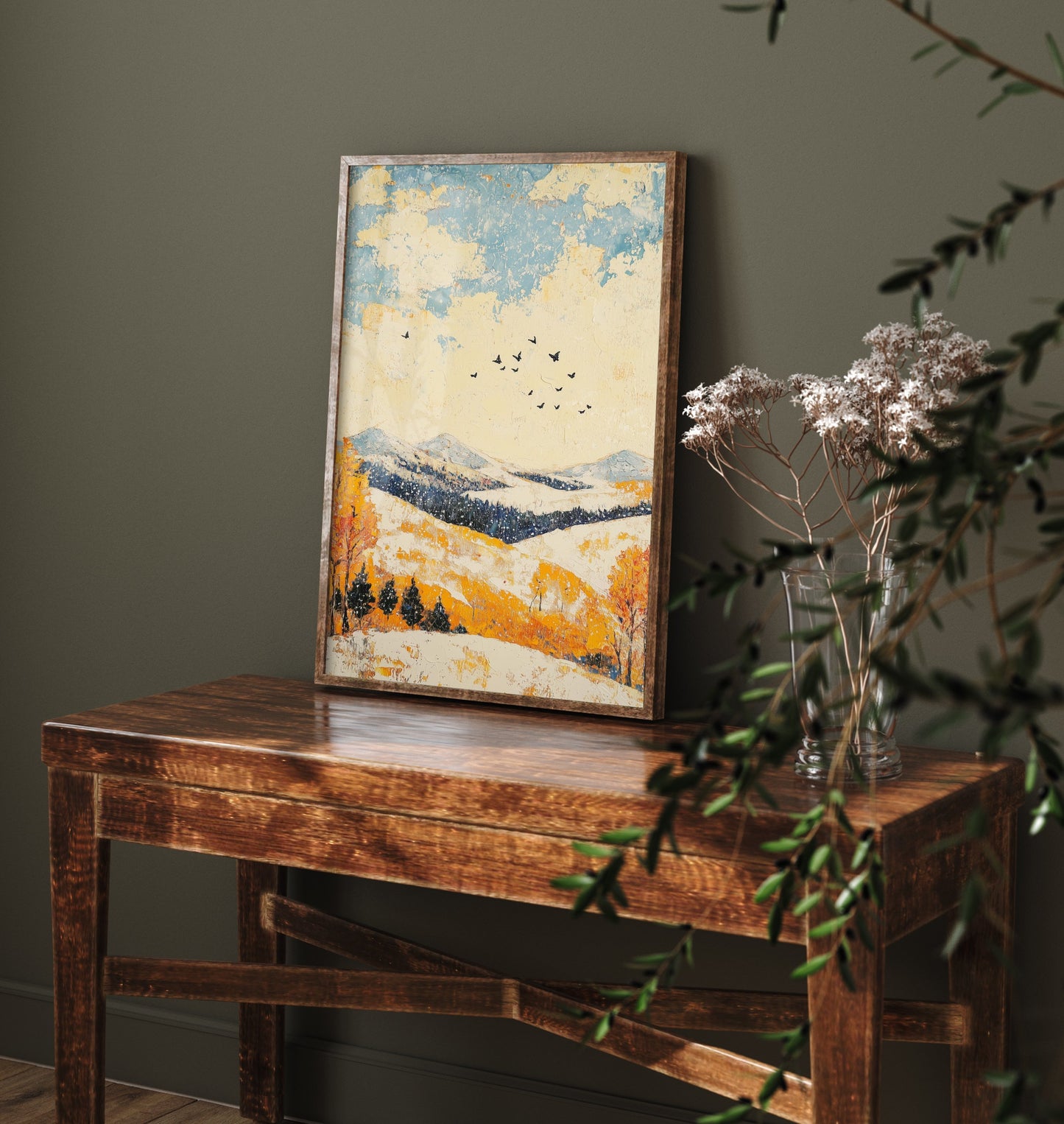 Rolling Hills Landscape Art Print - Butterfly Meadow Poster - Folk Art Painting - Pinecone Citrine and Snow 3/3