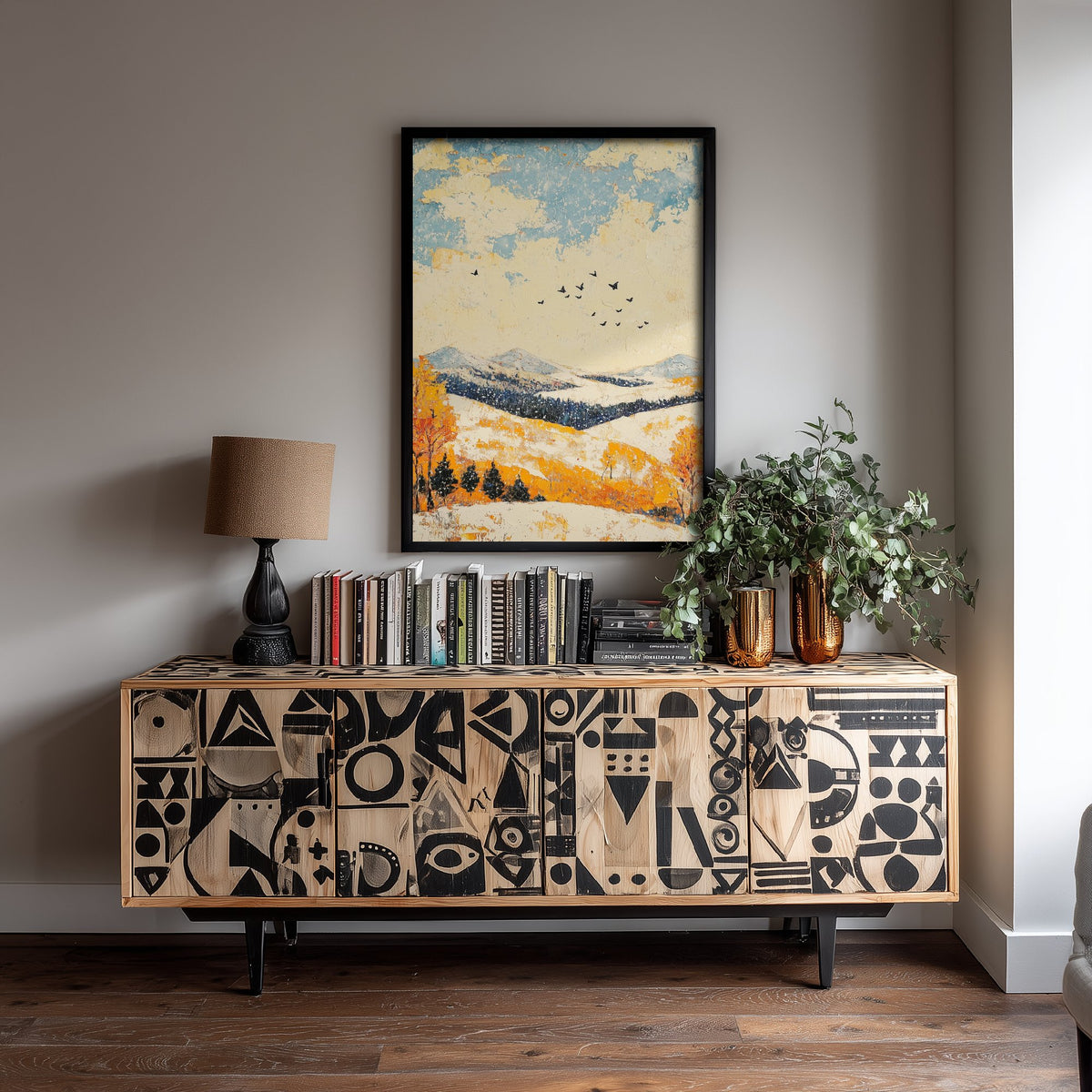 Rolling Hills Landscape Art Print - Butterfly Meadow Poster - Folk Art Painting - Pinecone Citrine and Snow 3/3