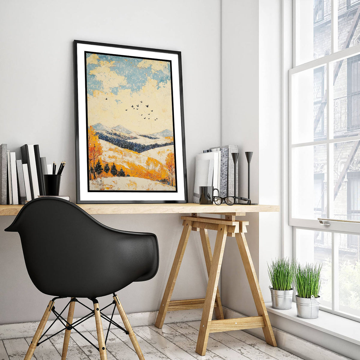 Rolling Hills Landscape Art Print - Butterfly Meadow Poster - Folk Art Painting - Pinecone Citrine and Snow 3/3