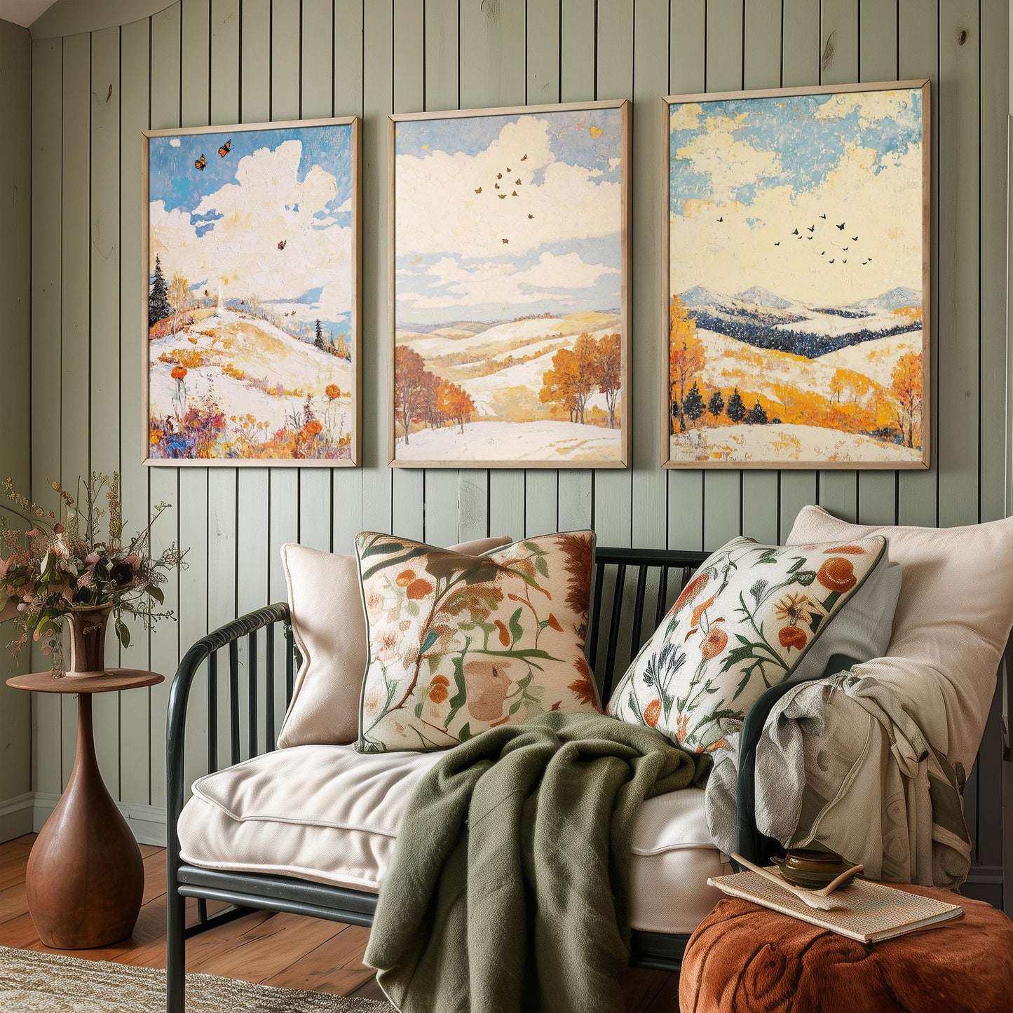 Rolling Hills Butterfly Set of Three Art Prints - Pinecone Citrine and Snow - Folk Meadow Poster Illustration Gift