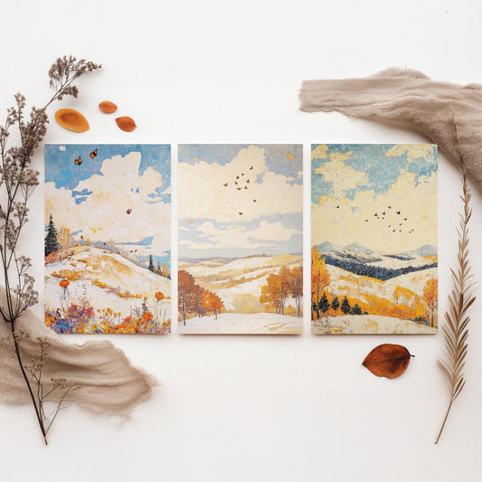 Rolling Hills Butterfly Set of Three Art Prints - Pinecone Citrine and Snow - Folk Meadow Poster Illustration Gift