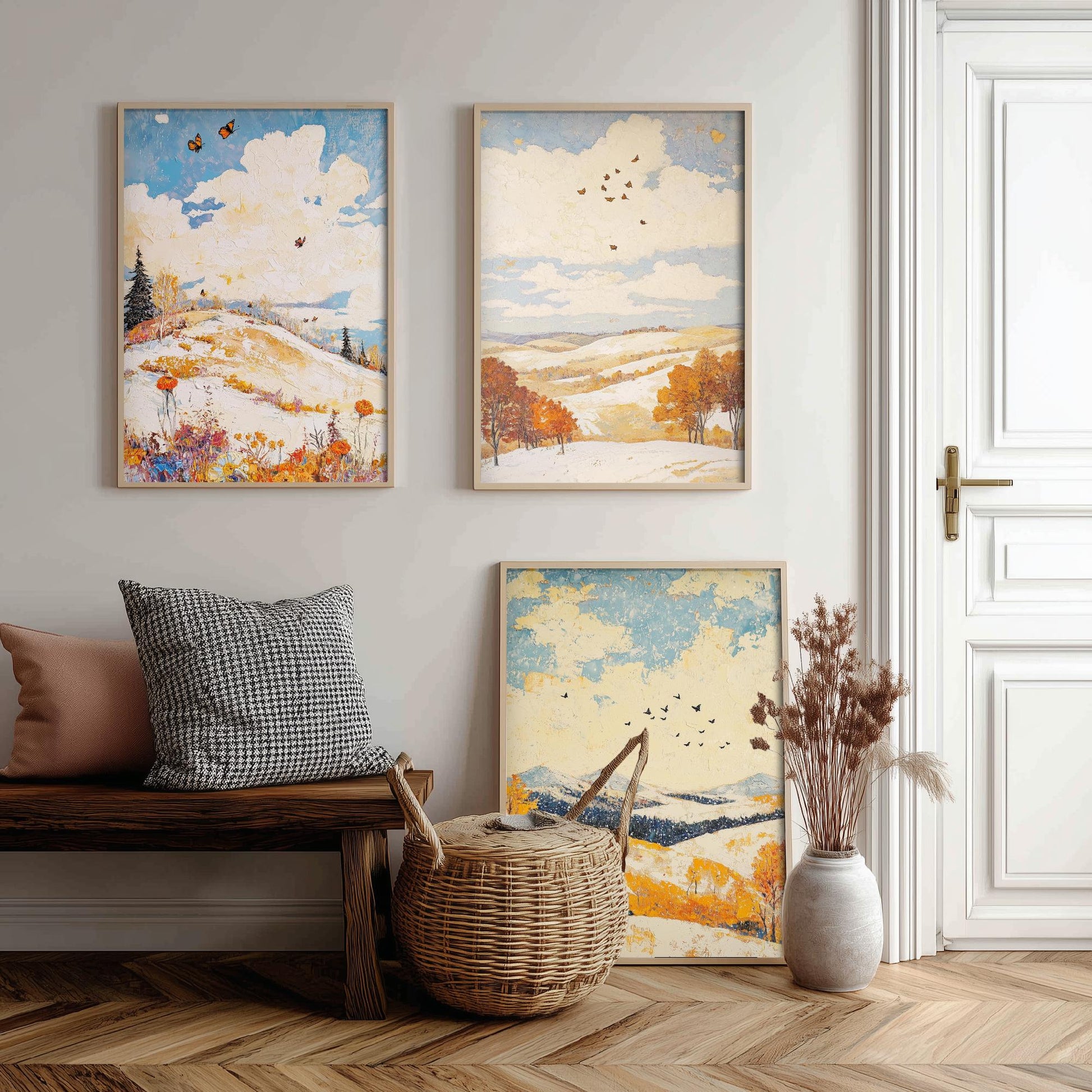 Rolling Hills Butterfly Set of Three Art Prints - Pinecone Citrine and Snow - Folk Meadow Poster Illustration Gift
