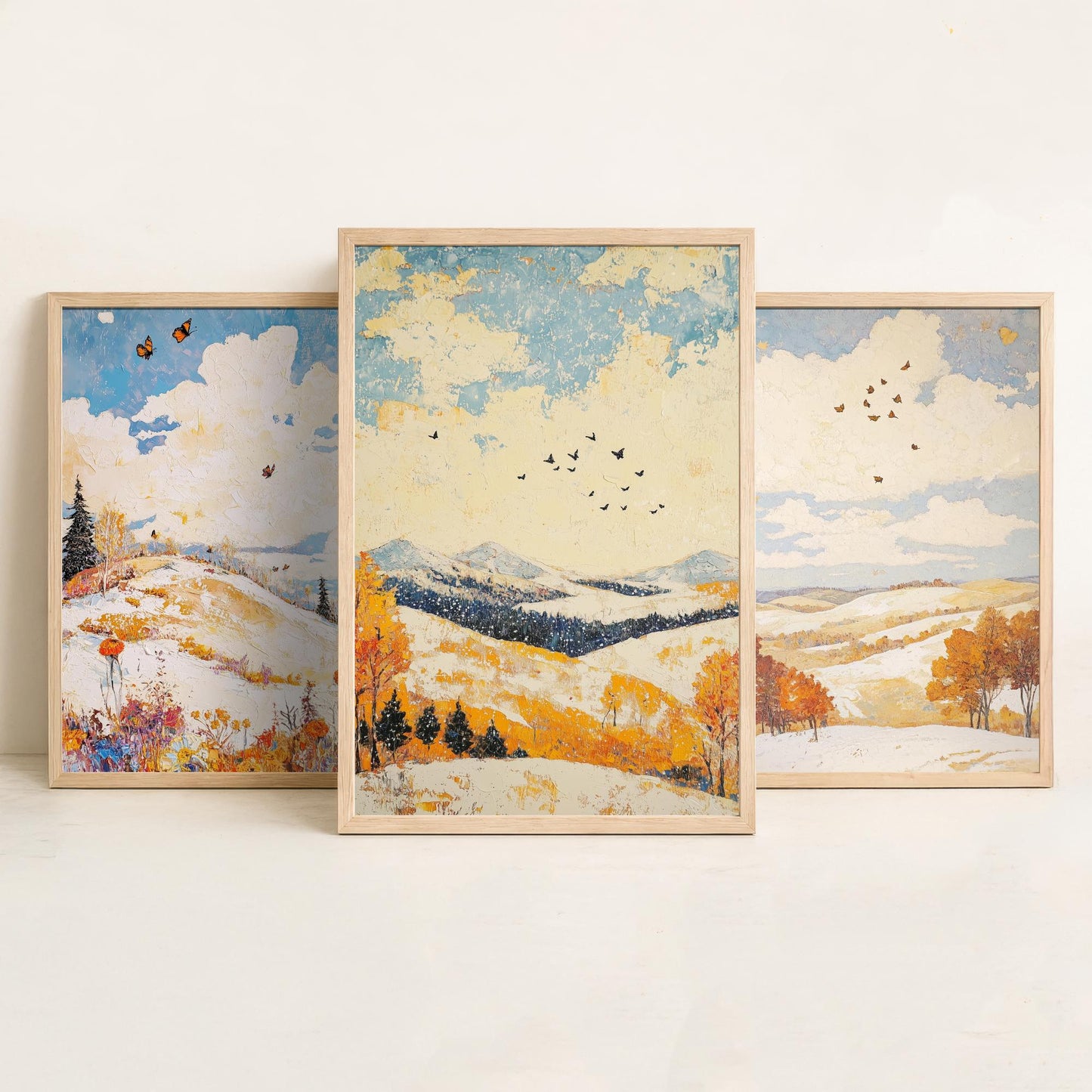 Rolling Hills Butterfly Set of Three Art Prints - Pinecone Citrine and Snow - Folk Meadow Poster Illustration Gift