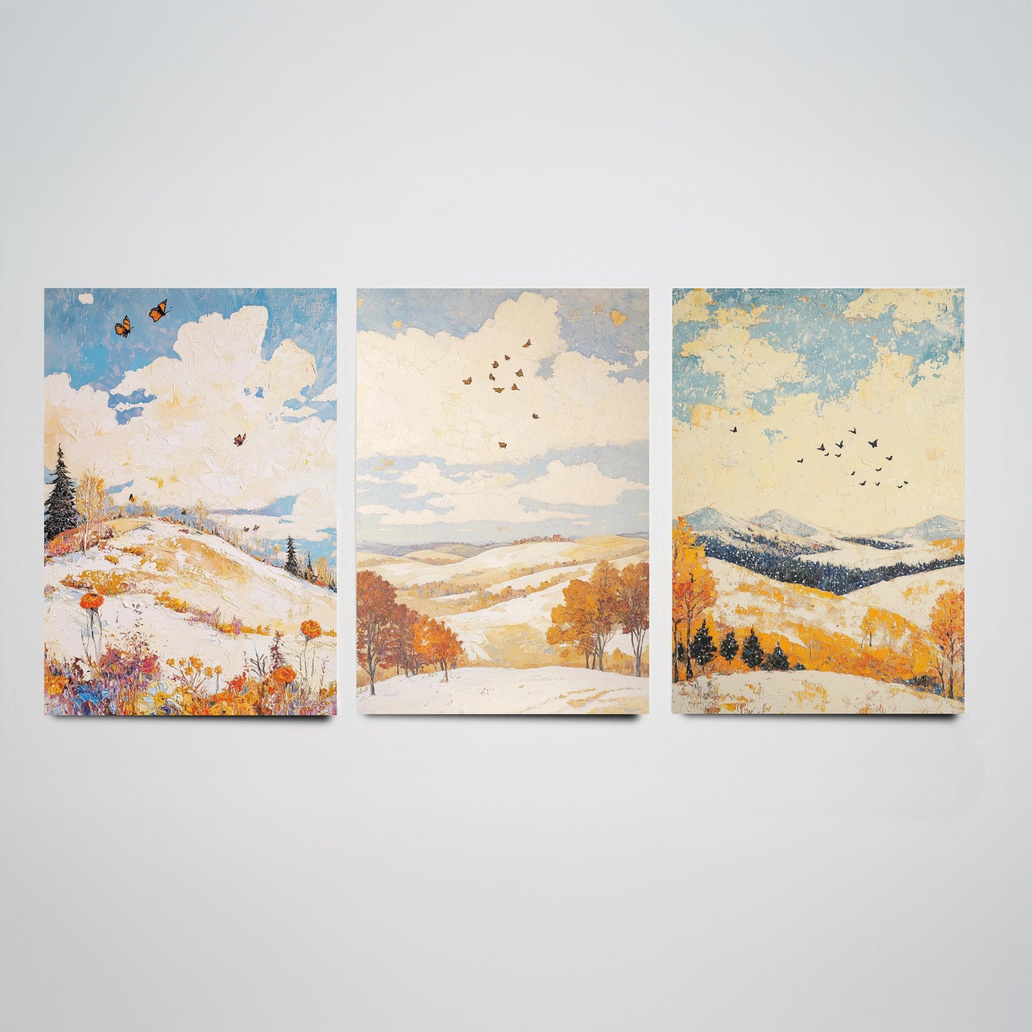 Rolling Hills Butterfly Set of Three Art Prints - Pinecone Citrine and Snow - Folk Meadow Poster Illustration Gift