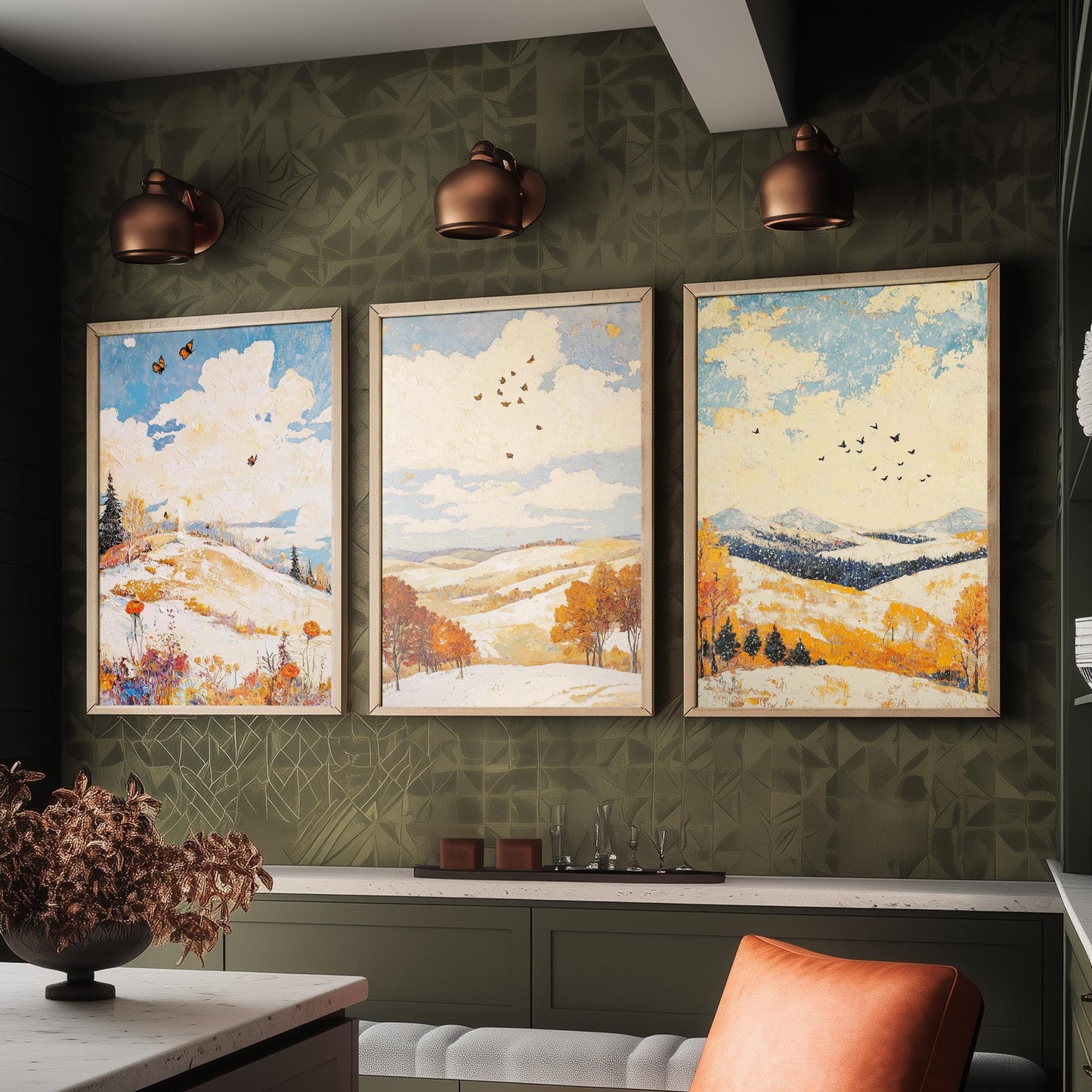 Rolling Hills Butterfly Set of Three Art Prints - Pinecone Citrine and Snow - Folk Meadow Poster Illustration Gift