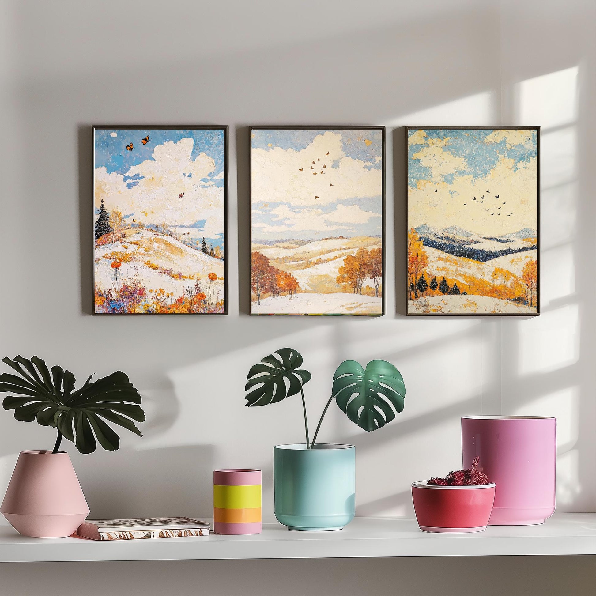 Rolling Hills Butterfly Set of Three Art Prints - Pinecone Citrine and Snow - Folk Meadow Poster Illustration Gift
