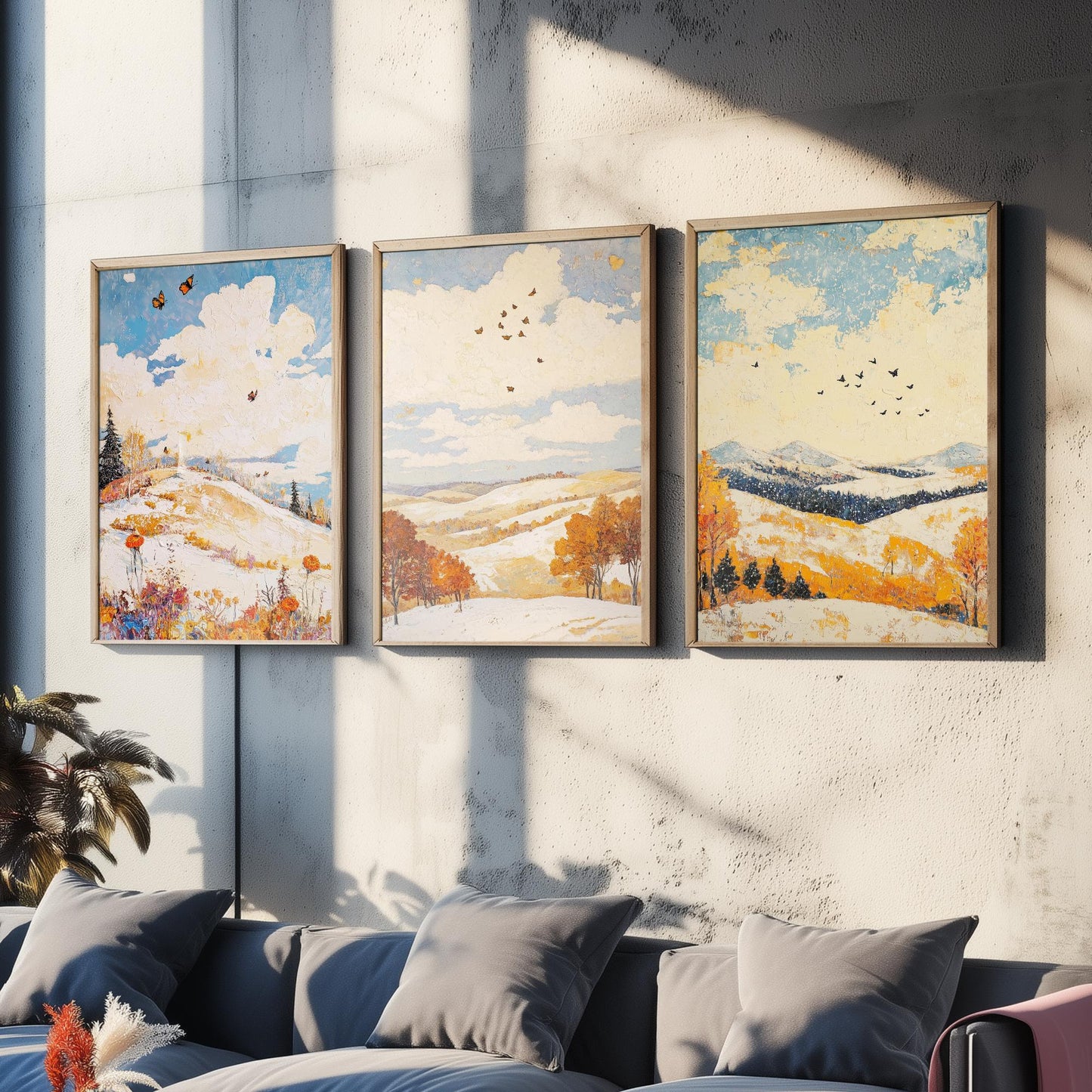 Rolling Hills Butterfly Set of Three Art Prints - Pinecone Citrine and Snow - Folk Meadow Poster Illustration Gift