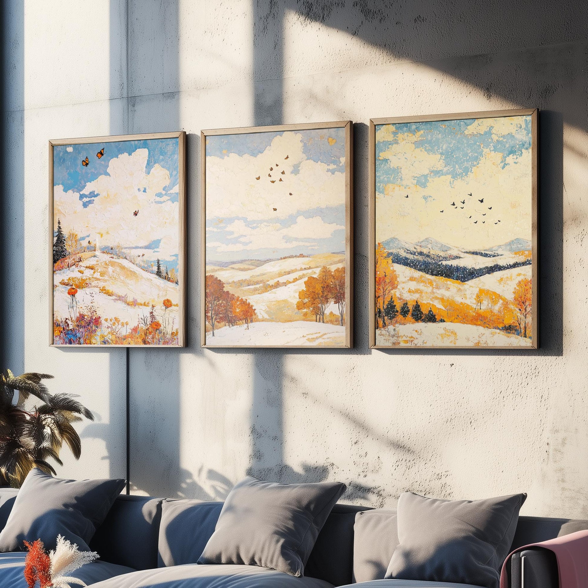 Rolling Hills Butterfly Set of Three Art Prints - Pinecone Citrine and Snow - Folk Meadow Poster Illustration Gift