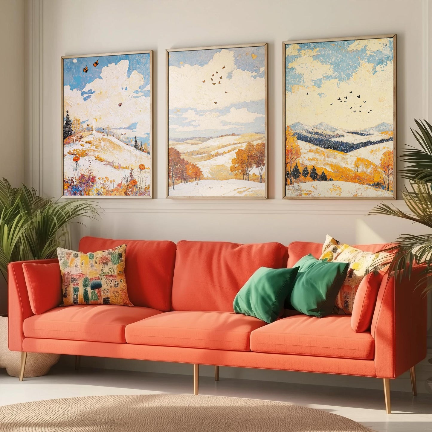 Rolling Hills Butterfly Set of Three Art Prints - Pinecone Citrine and Snow - Folk Meadow Poster Illustration Gift