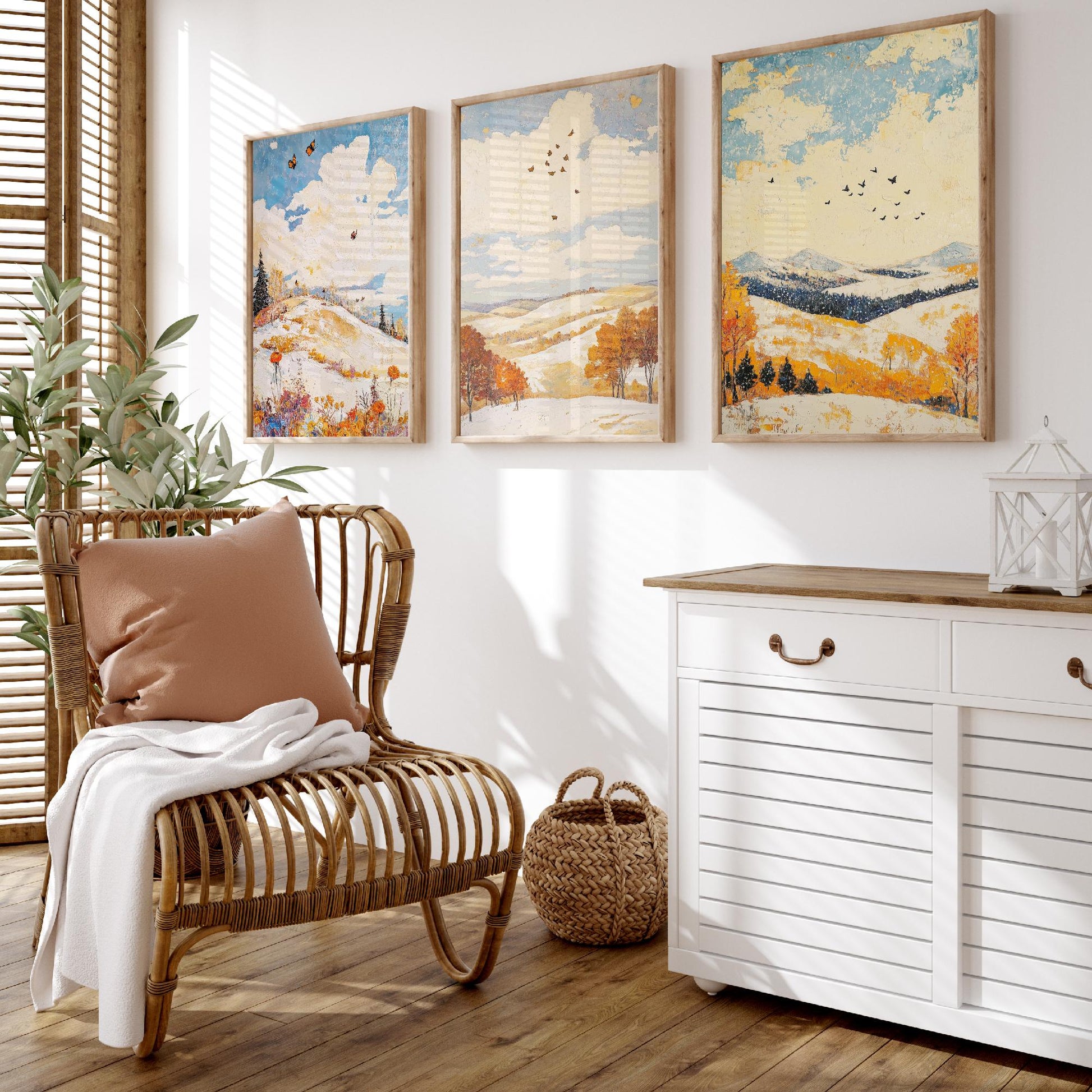 Rolling Hills Butterfly Set of Three Art Prints - Pinecone Citrine and Snow - Folk Meadow Poster Illustration Gift