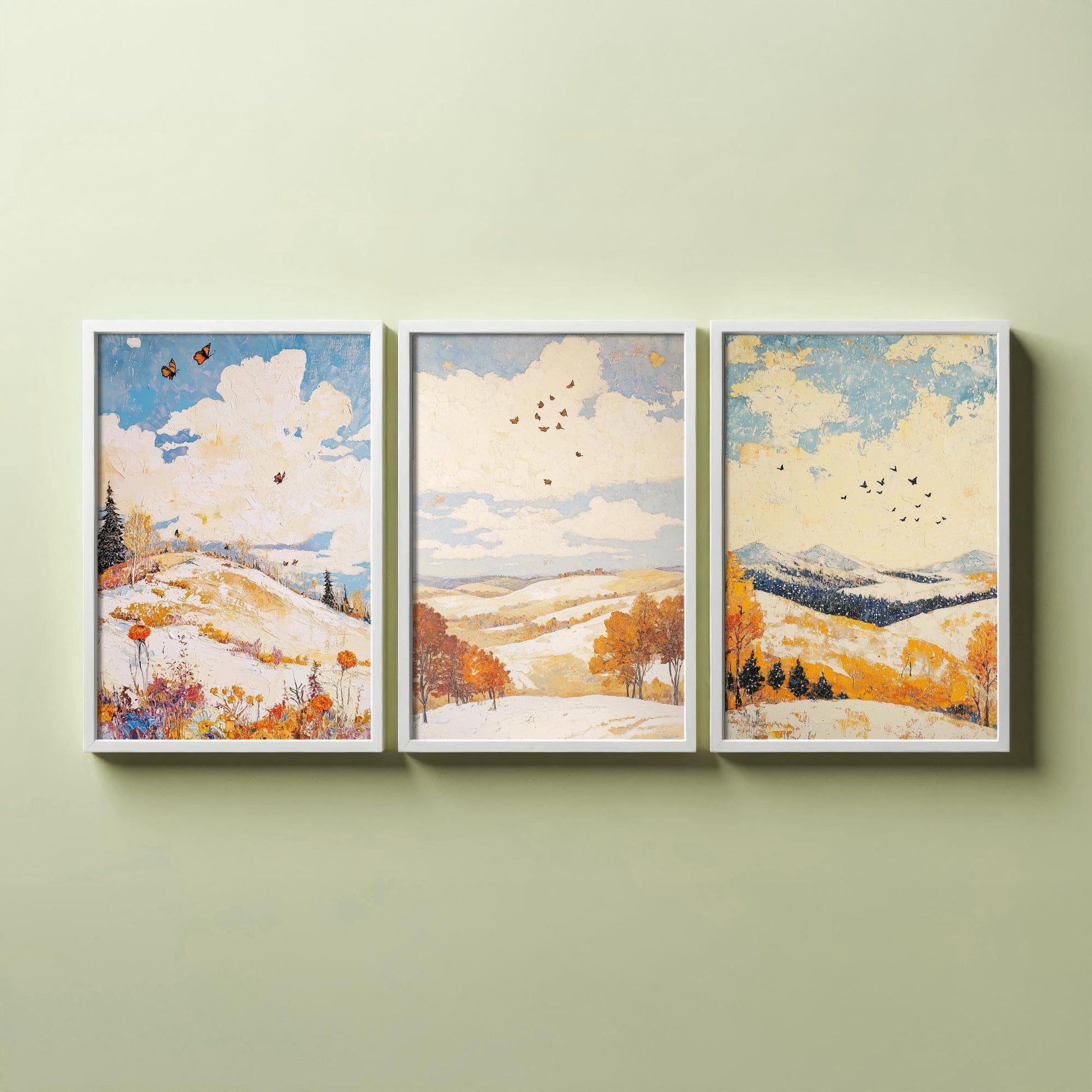 Rolling Hills Butterfly Set of Three Art Prints - Pinecone Citrine and Snow - Folk Meadow Poster Illustration Gift