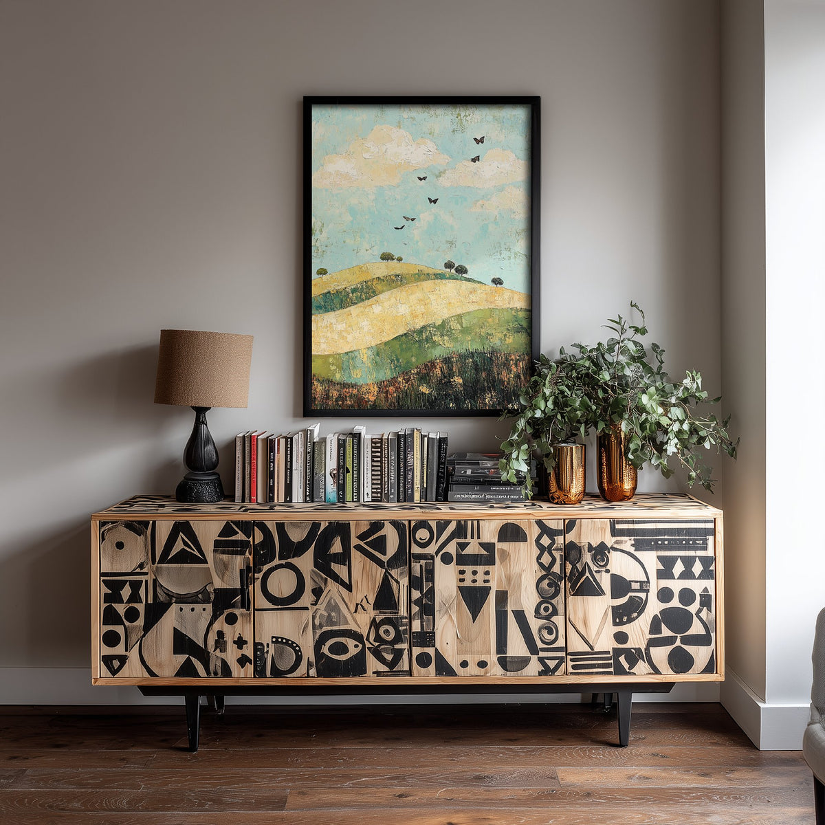 Rolling Hills Landscape Art Print - Butterfly Meadow Poster - Folk Art Painting - Pistachio Mahogany and Breeze 1/3