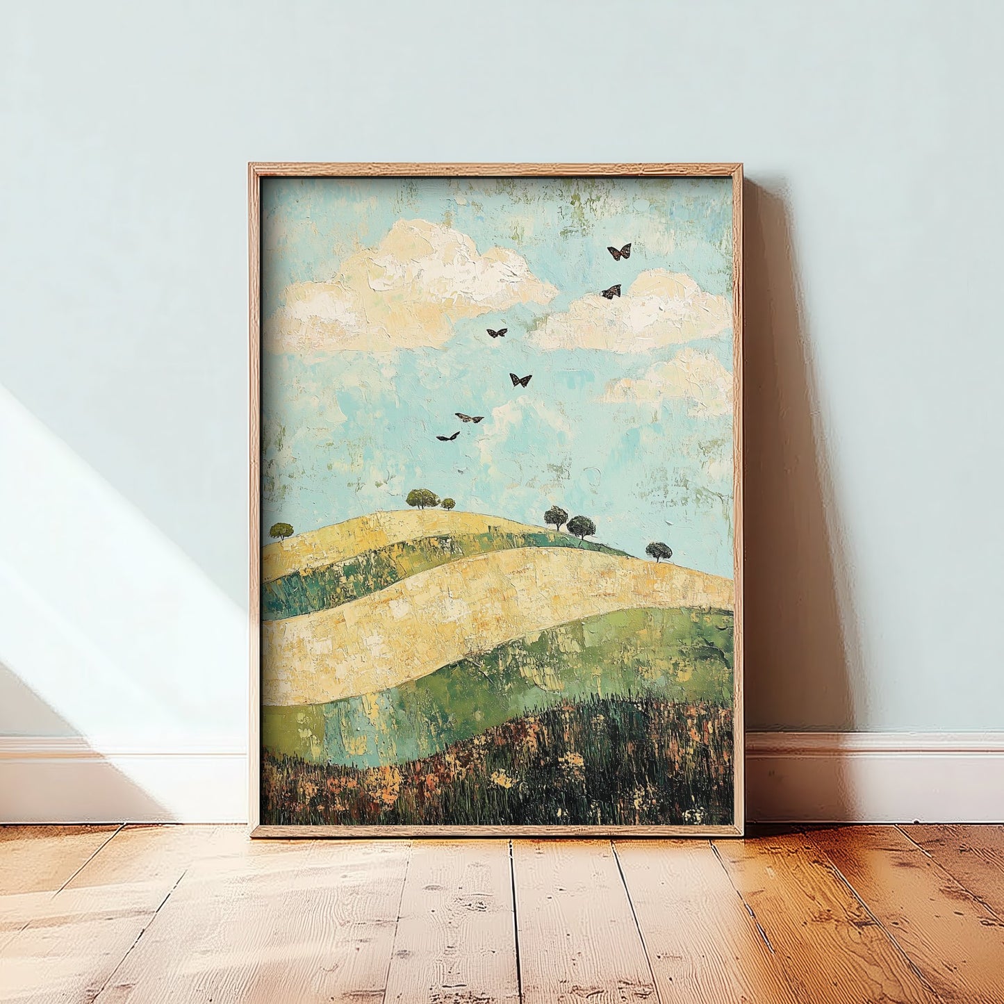 Rolling Hills Landscape Art Print - Butterfly Meadow Poster - Folk Art Painting - Pistachio Mahogany and Breeze 1/3