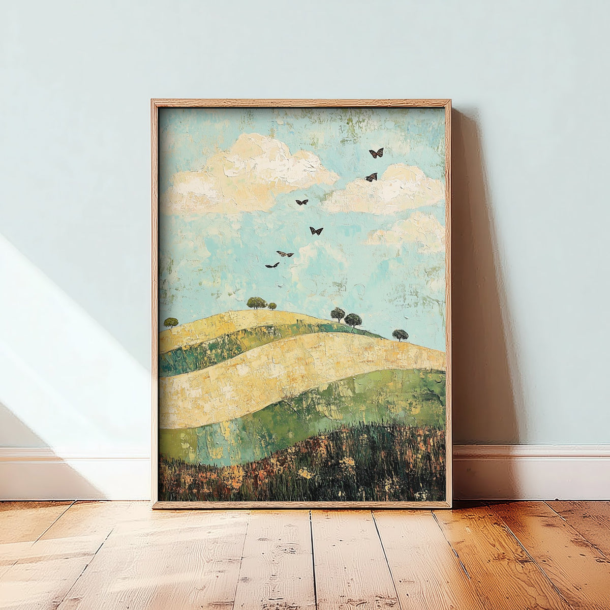 Rolling Hills Landscape Art Print - Butterfly Meadow Poster - Folk Art Painting - Pistachio Mahogany and Breeze 1/3