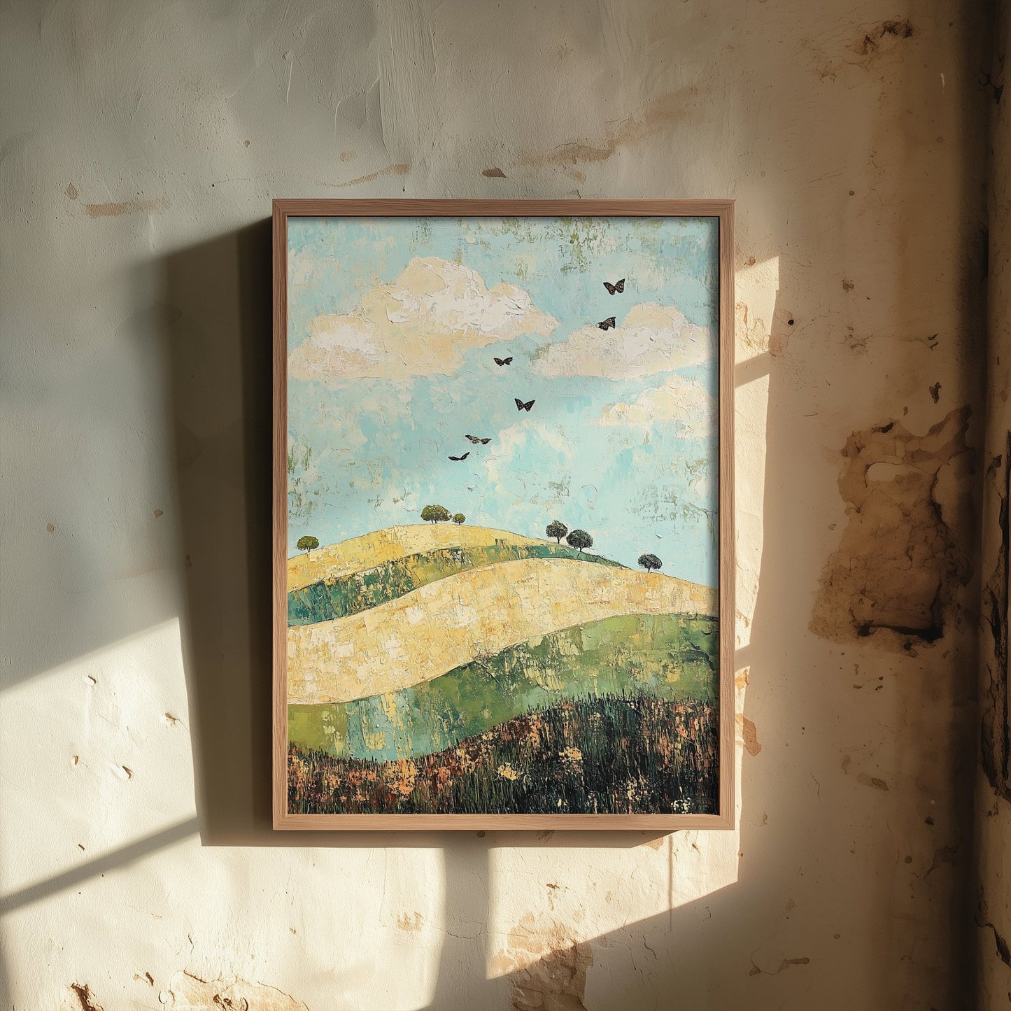 Rolling Hills Landscape Art Print - Butterfly Meadow Poster - Folk Art Painting - Pistachio Mahogany and Breeze 1/3