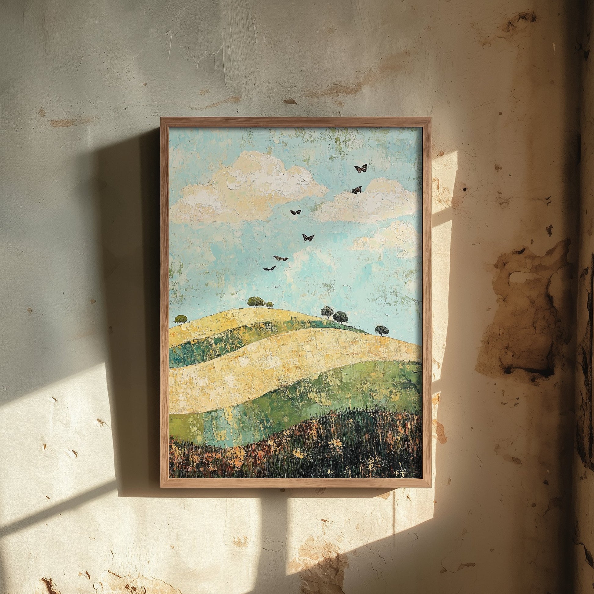Rolling Hills Landscape Art Print - Butterfly Meadow Poster - Folk Art Painting - Pistachio Mahogany and Breeze 1/3