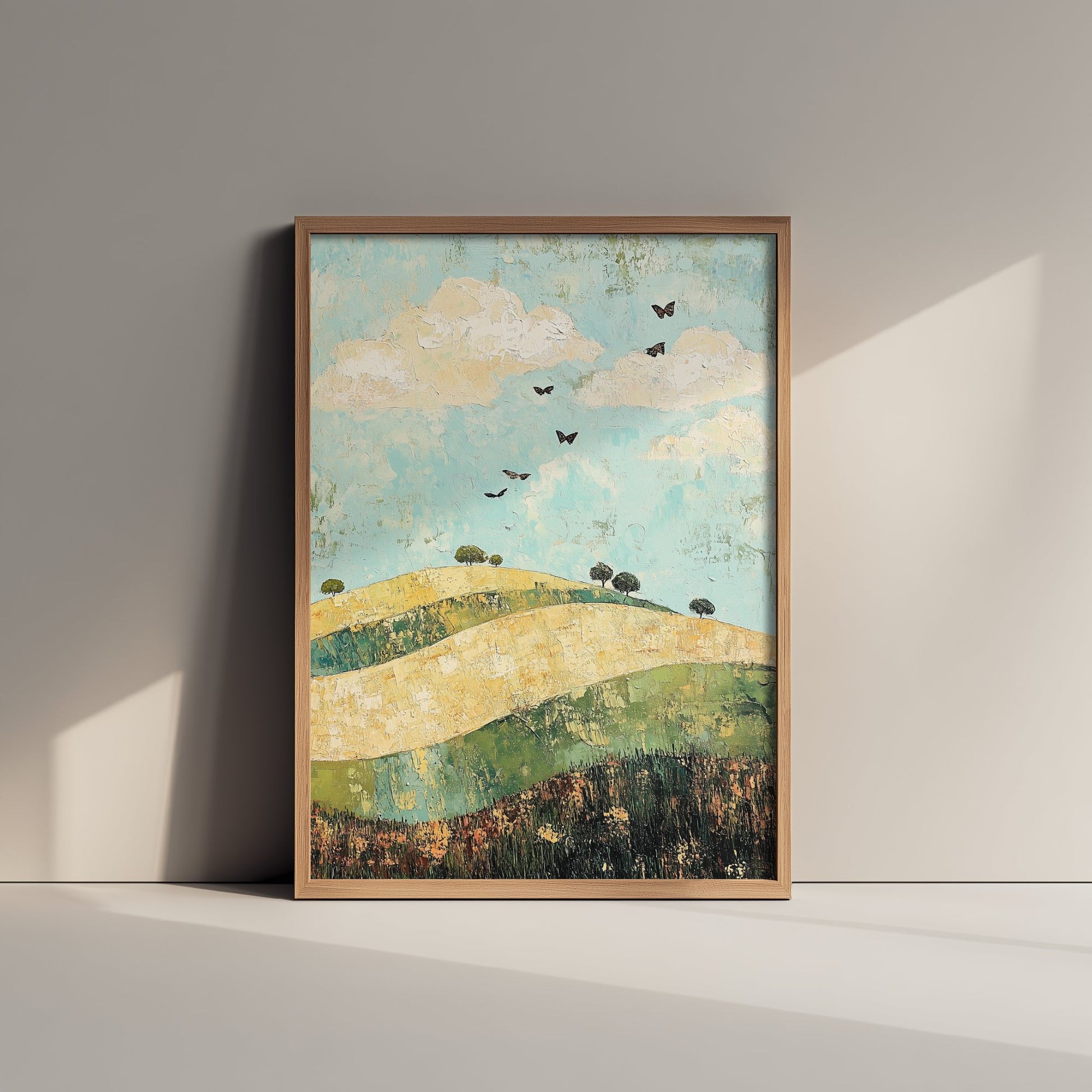 Rolling Hills Landscape Art Print - Butterfly Meadow Poster - Folk Art Painting - Pistachio Mahogany and Breeze 1/3