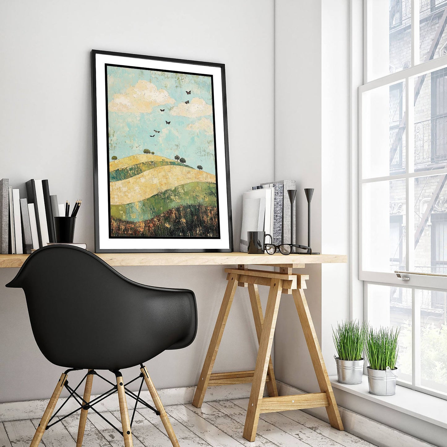 Rolling Hills Landscape Art Print - Butterfly Meadow Poster - Folk Art Painting - Pistachio Mahogany and Breeze 1/3