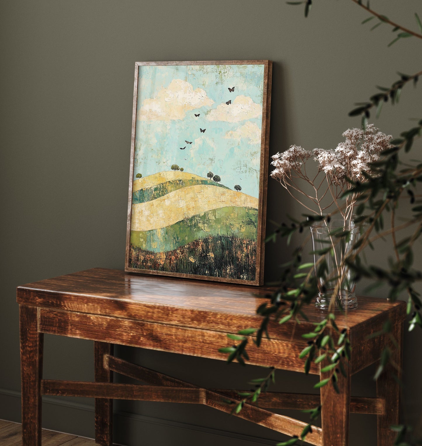 Rolling Hills Landscape Art Print - Butterfly Meadow Poster - Folk Art Painting - Pistachio Mahogany and Breeze 1/3