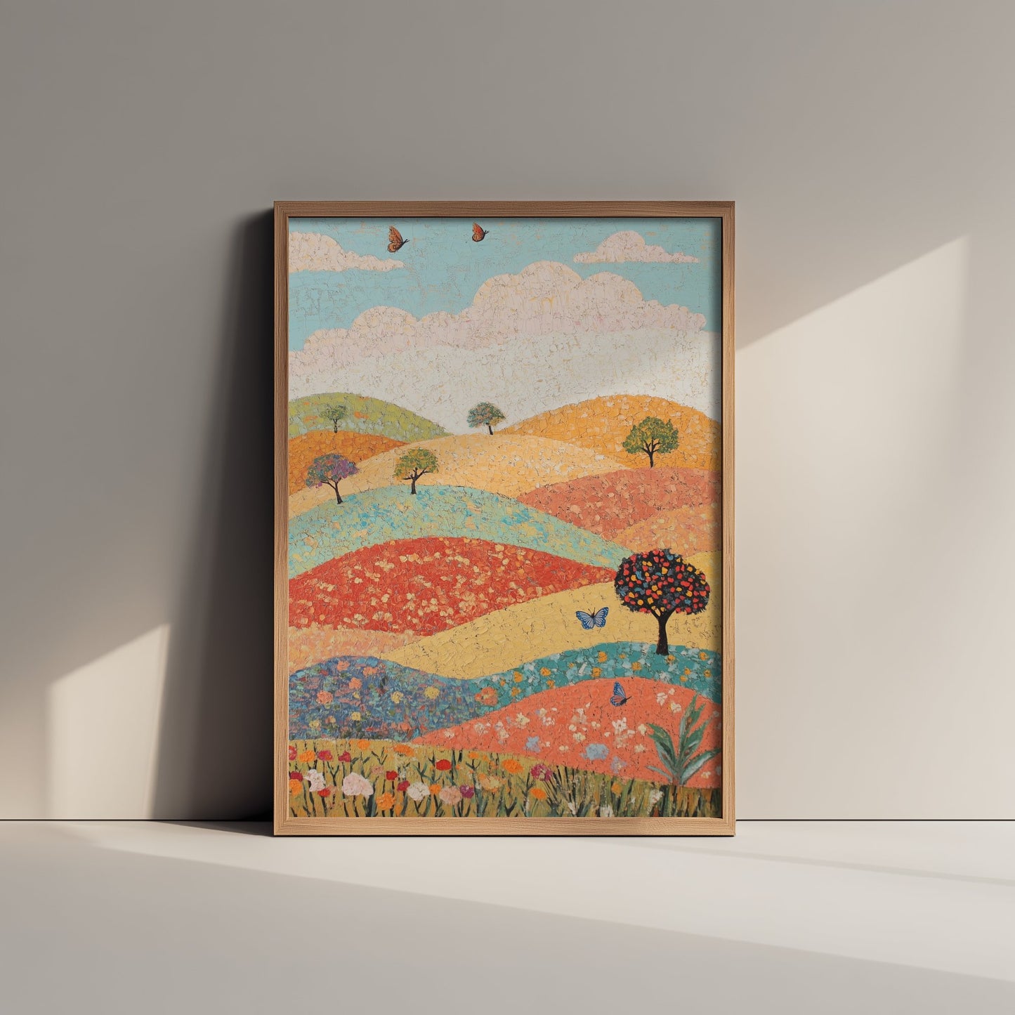 Rolling Hills Landscape Art Print - Butterfly Meadow Poster - Folk Art Painting - Pistachio Mahogany and Breeze 2/3