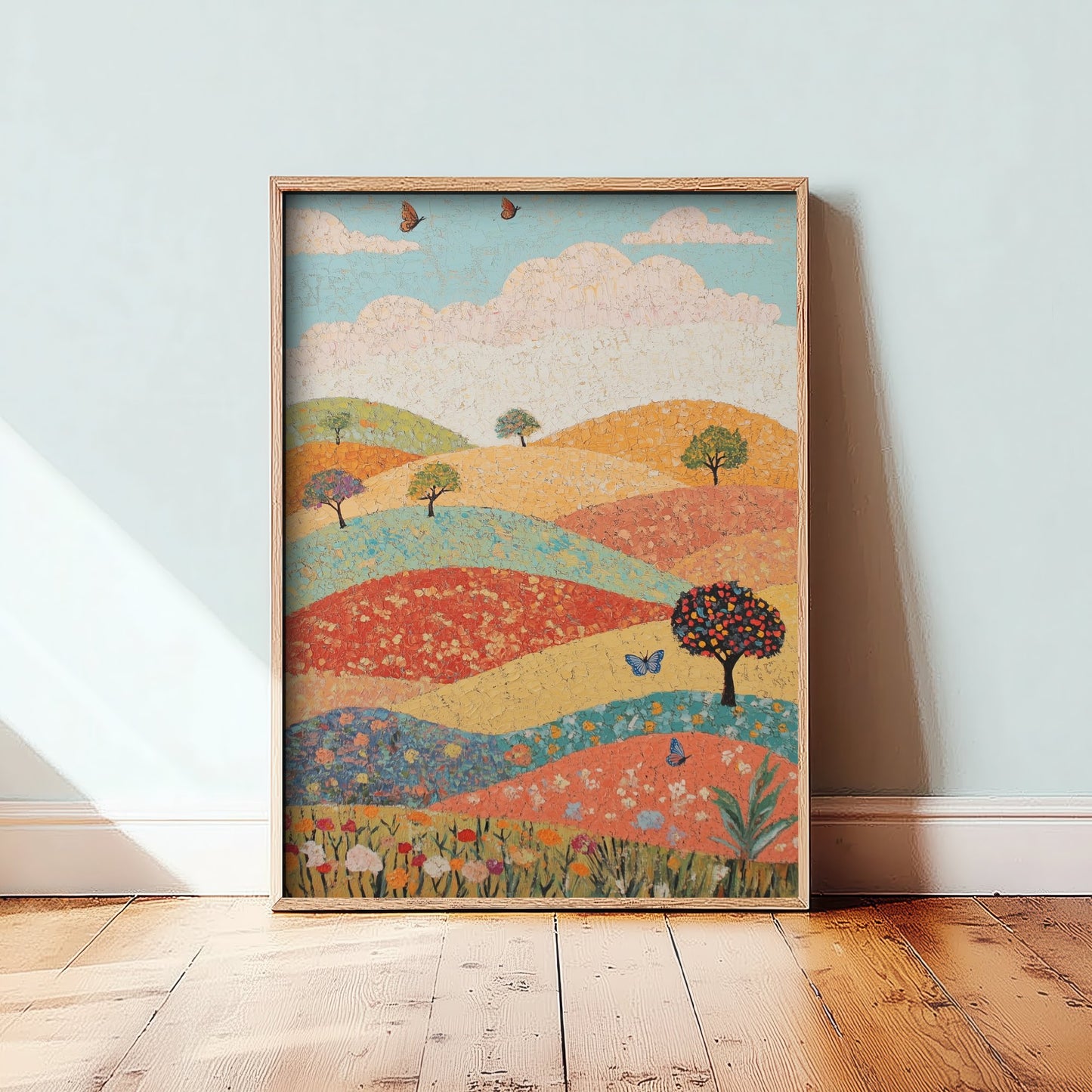 Rolling Hills Landscape Art Print - Butterfly Meadow Poster - Folk Art Painting - Pistachio Mahogany and Breeze 2/3