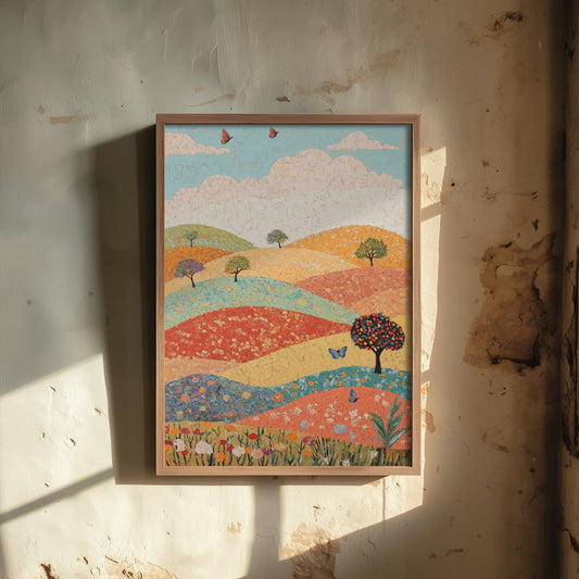 Rolling Hills Landscape Art Print - Butterfly Meadow Poster - Folk Art Painting - Pistachio Mahogany and Breeze 2/3