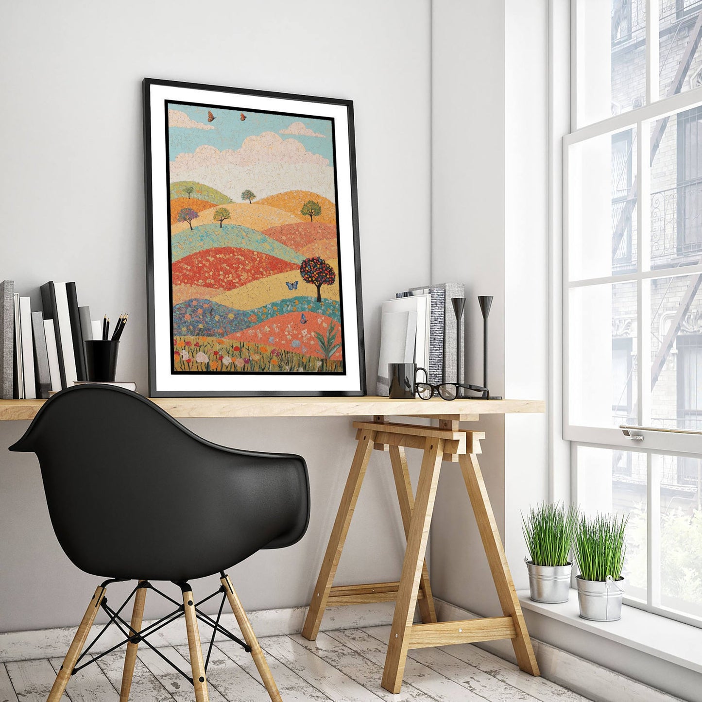 Rolling Hills Landscape Art Print - Butterfly Meadow Poster - Folk Art Painting - Pistachio Mahogany and Breeze 2/3